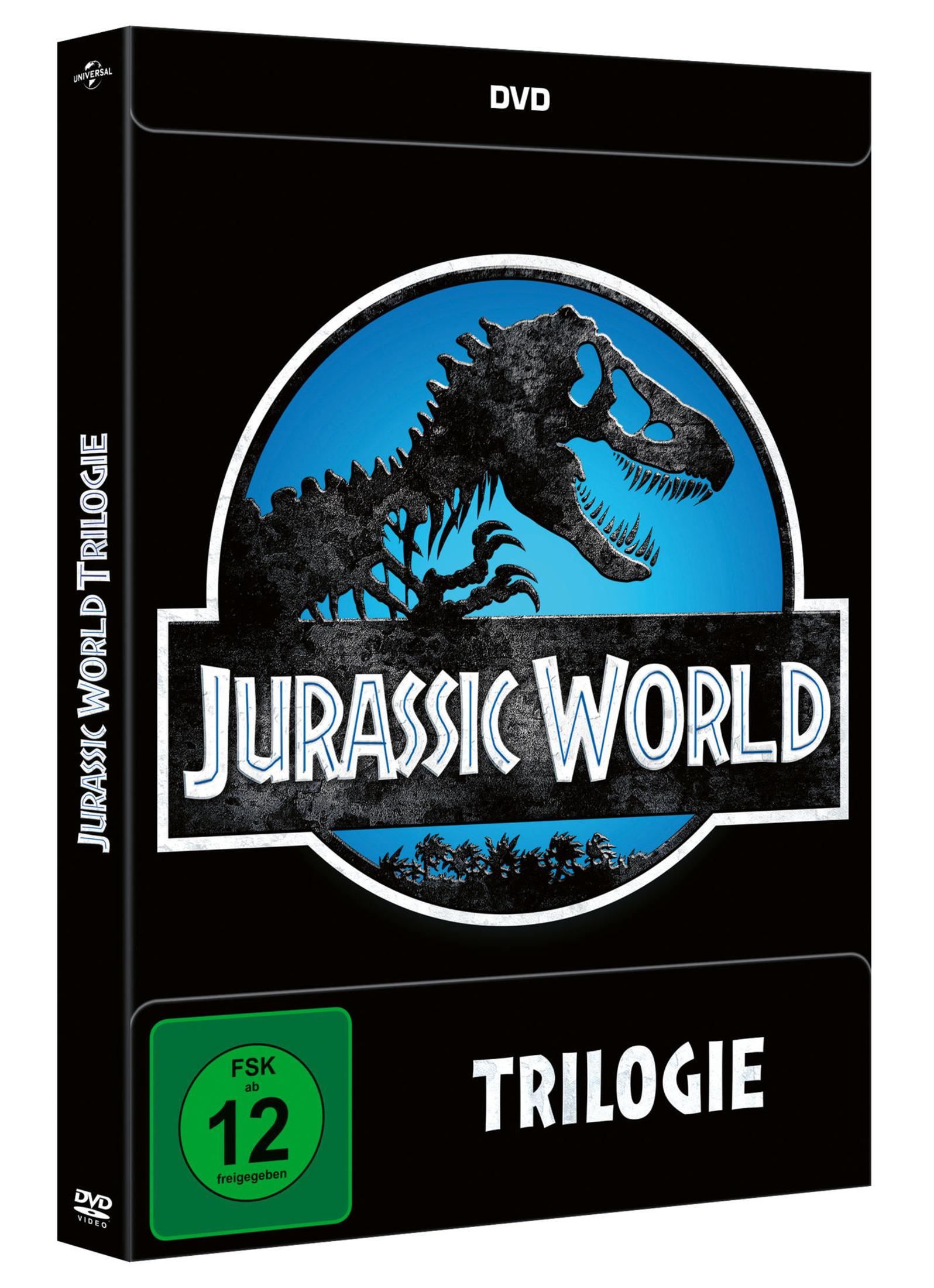 DVD-Hülle der Jurassic World Trilogie mit Skelett-Logo und FSK-12-Altersfreigabe.