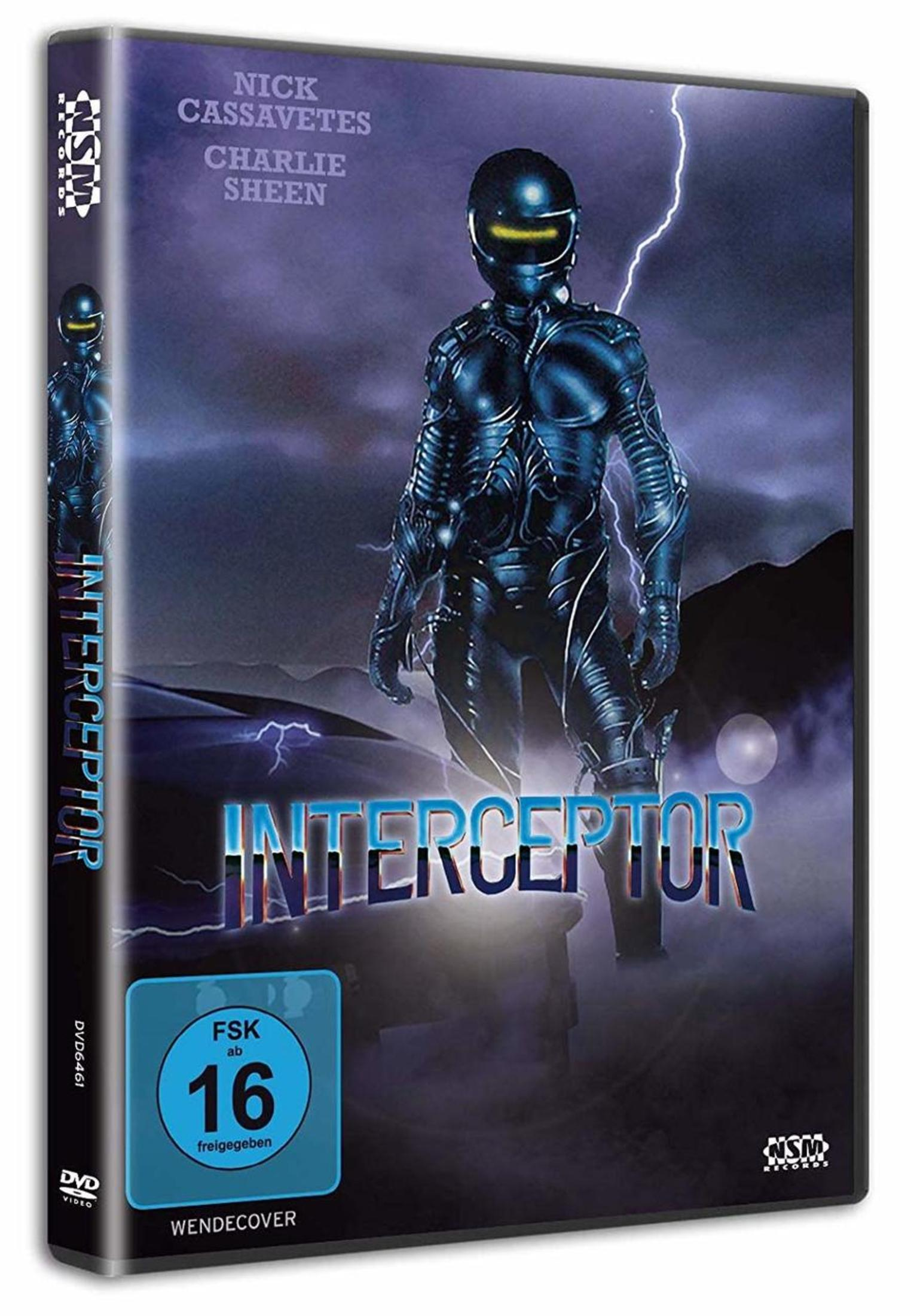 DVD-Hülle von Interceptor mit einer gepanzerten Figur vor dunklem Gewitterhintergrund.
