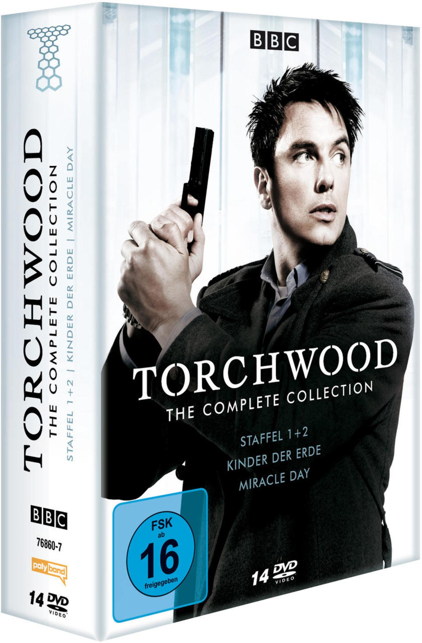 DVD-Box von Torchwood mit einem Mann, der eine Waffe hält.