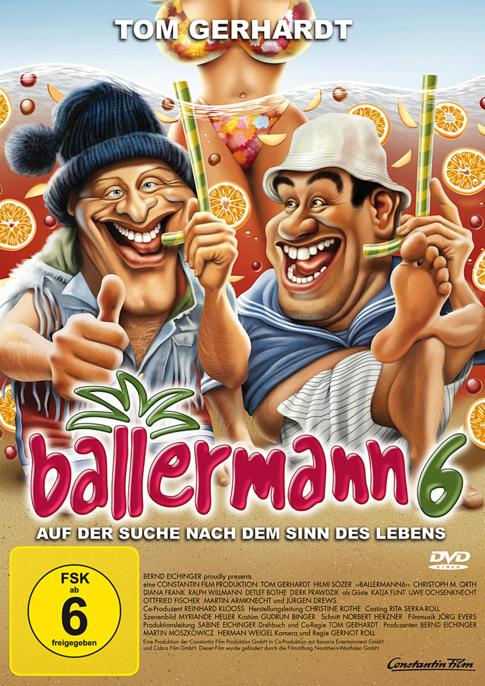 DVD-Cover von Ballermann 6 mit caricaturhaften Charakteren und einem Bikini-Mädchen im Hintergrund.