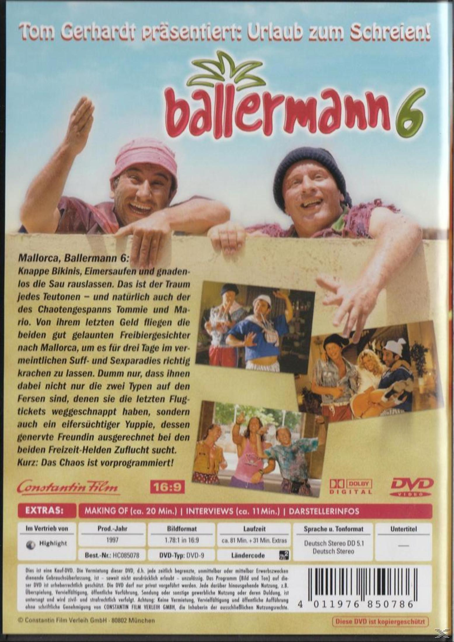 DVD-Cover für Ballermann 6 mit zwei lächelnden Männern, Filmszenen, Textbeschreibung und technischen Details.