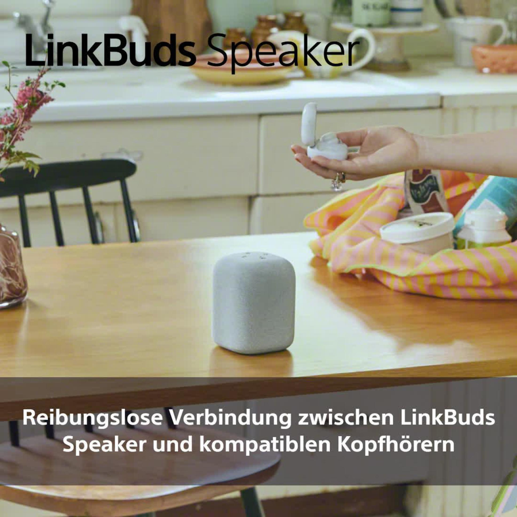 Ein weißer Lautsprecher auf einem Holztisch. Eine Person hält ein weißes Kopfhörer-Etui in einer Küche.