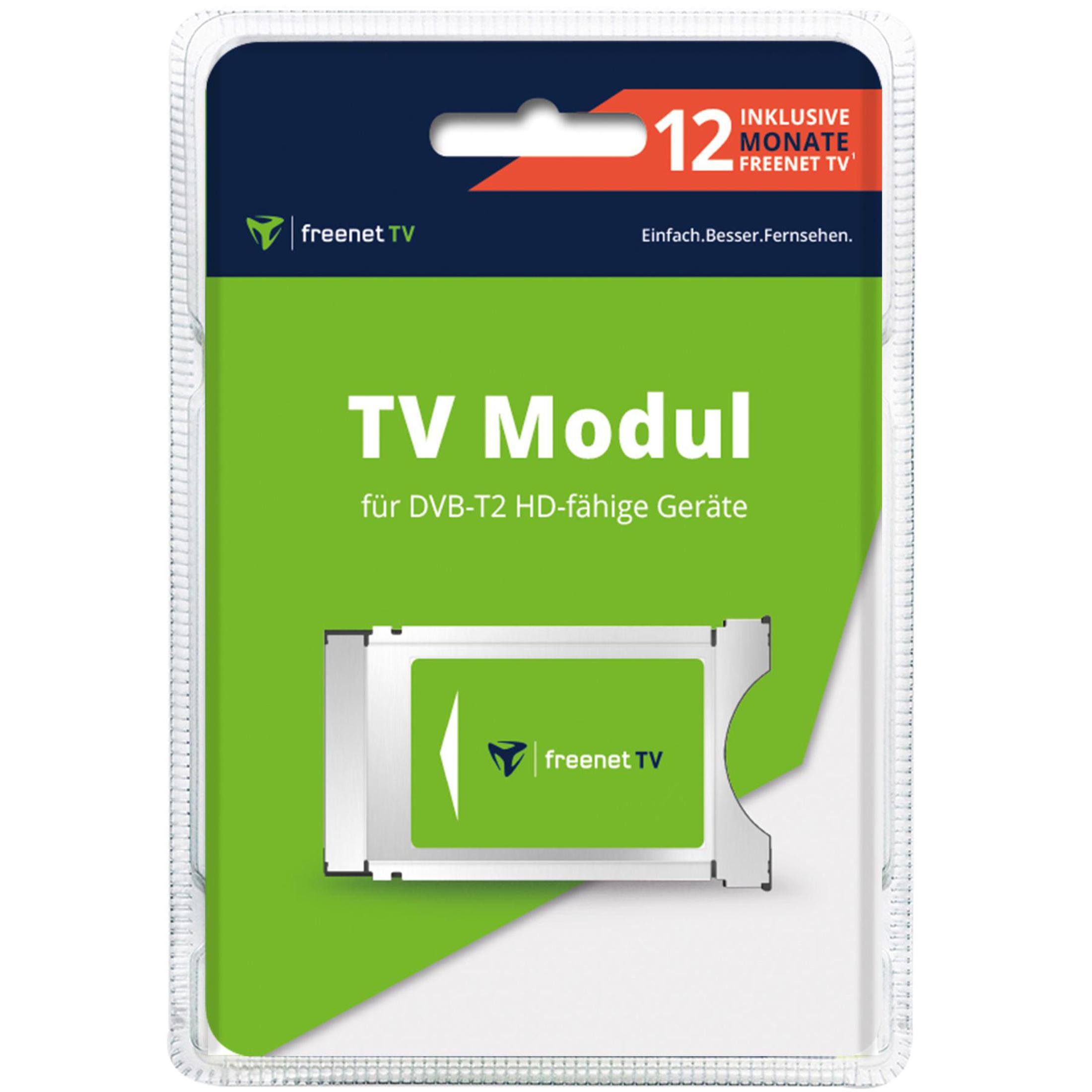 Verpackung für ein TV-Modul. Grüne und weiße Verpackung mit Freenet TV Logo und TV-Modul.