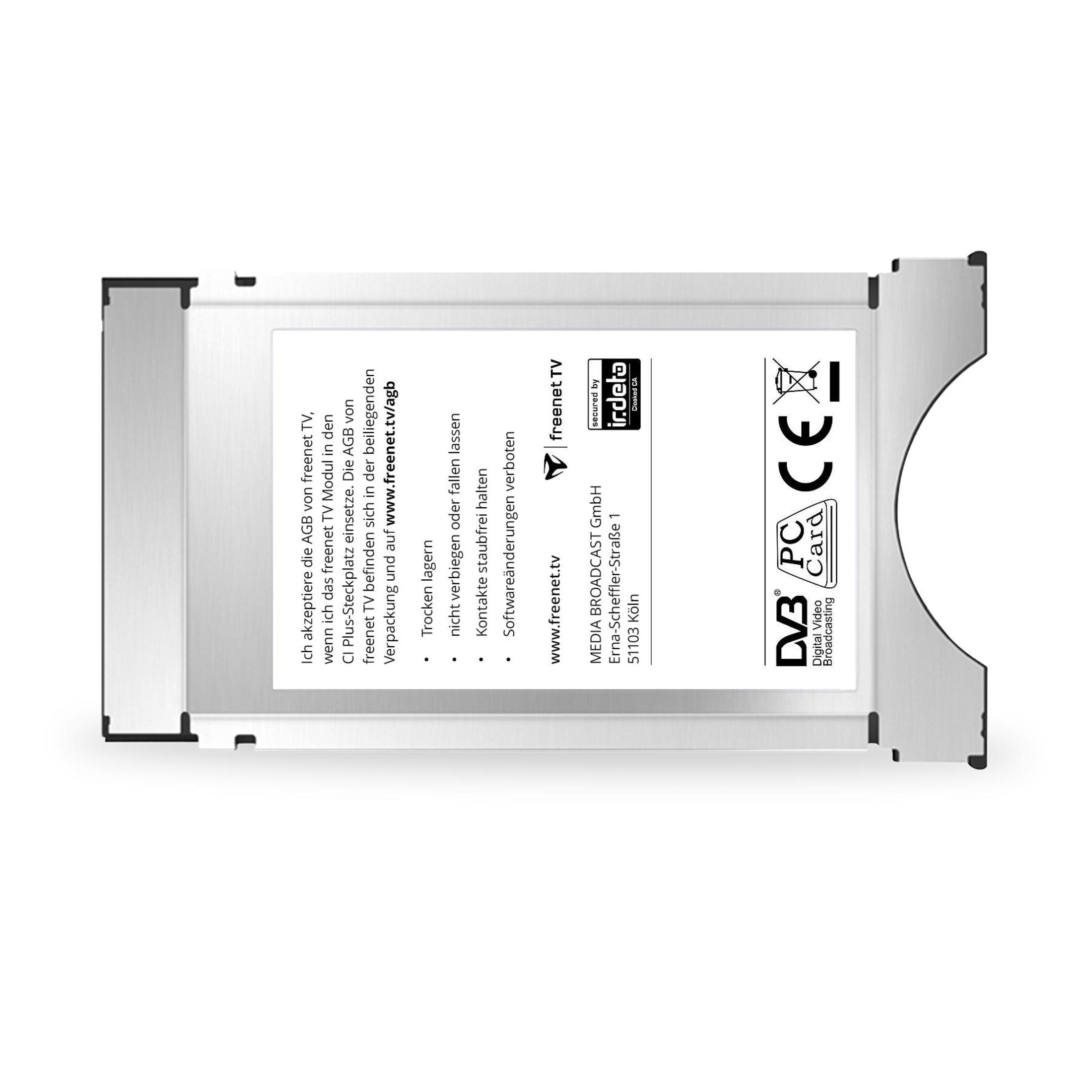 Eine DVB-PC-Karte. Text auf Deutsch auf dem Etikett, mit dem freenet.tv-Logo.