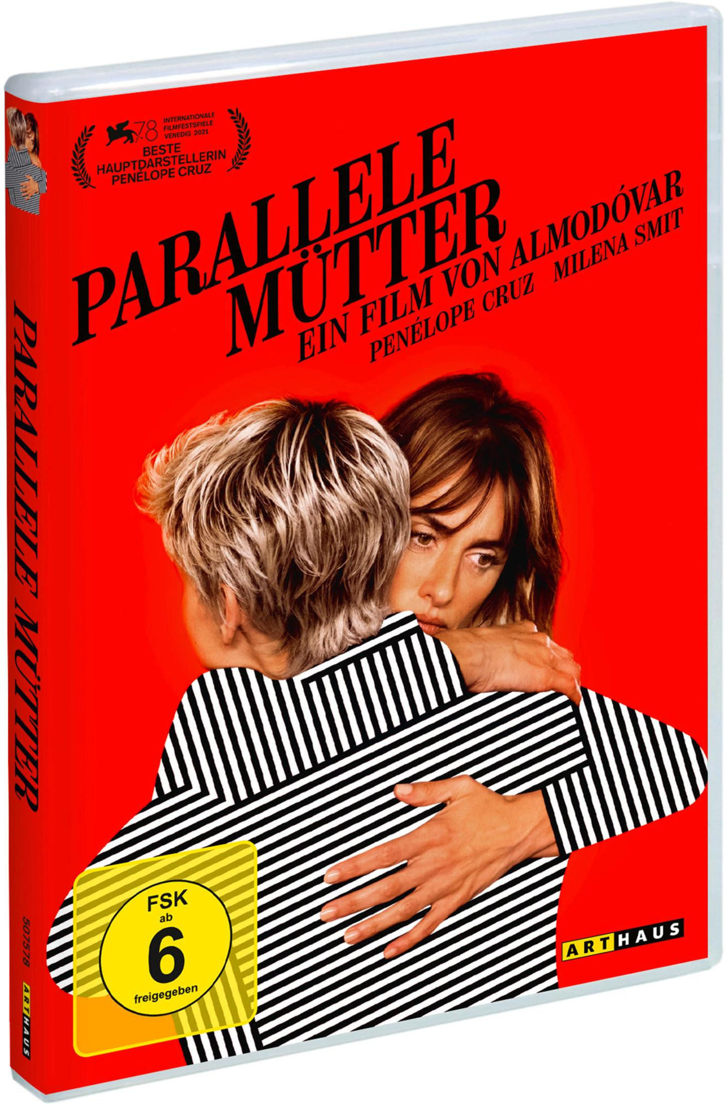 DVD-Hülle von Parallele Mütter mit zwei Frauen in Umarmung vor rotem Hintergrund.