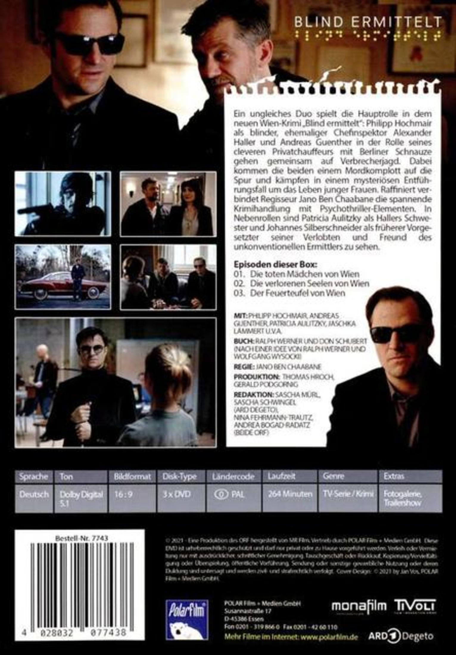 Rückseite einer DVD-Hülle mit Szenenfotos, Text und technischen Details des Krimis Blind Ermittelt.