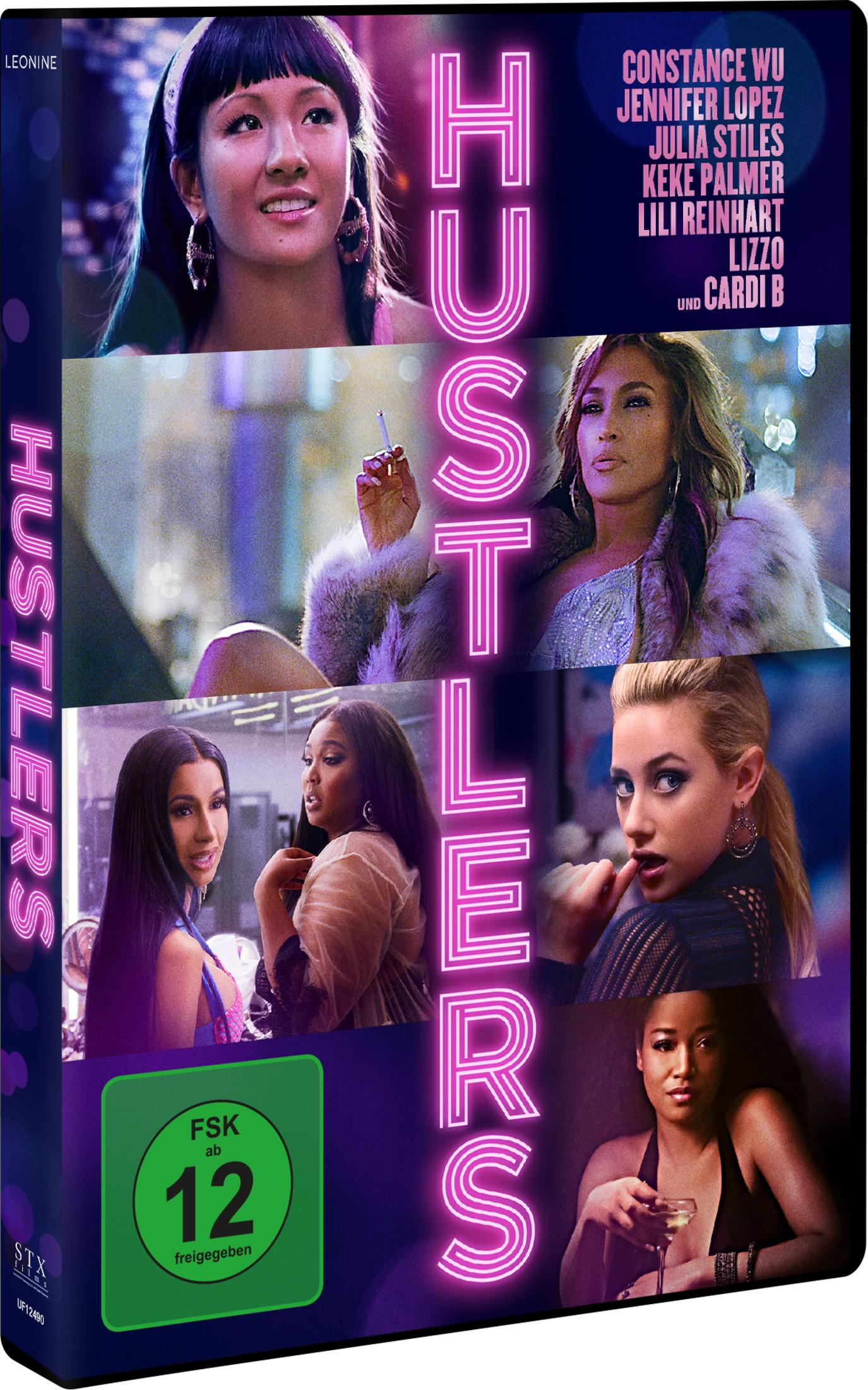 DVD-Cover des Films Hustlers mit Porträts von Constance Wu, Jennifer Lopez und anderen sowie einem FSK-12-Logo.