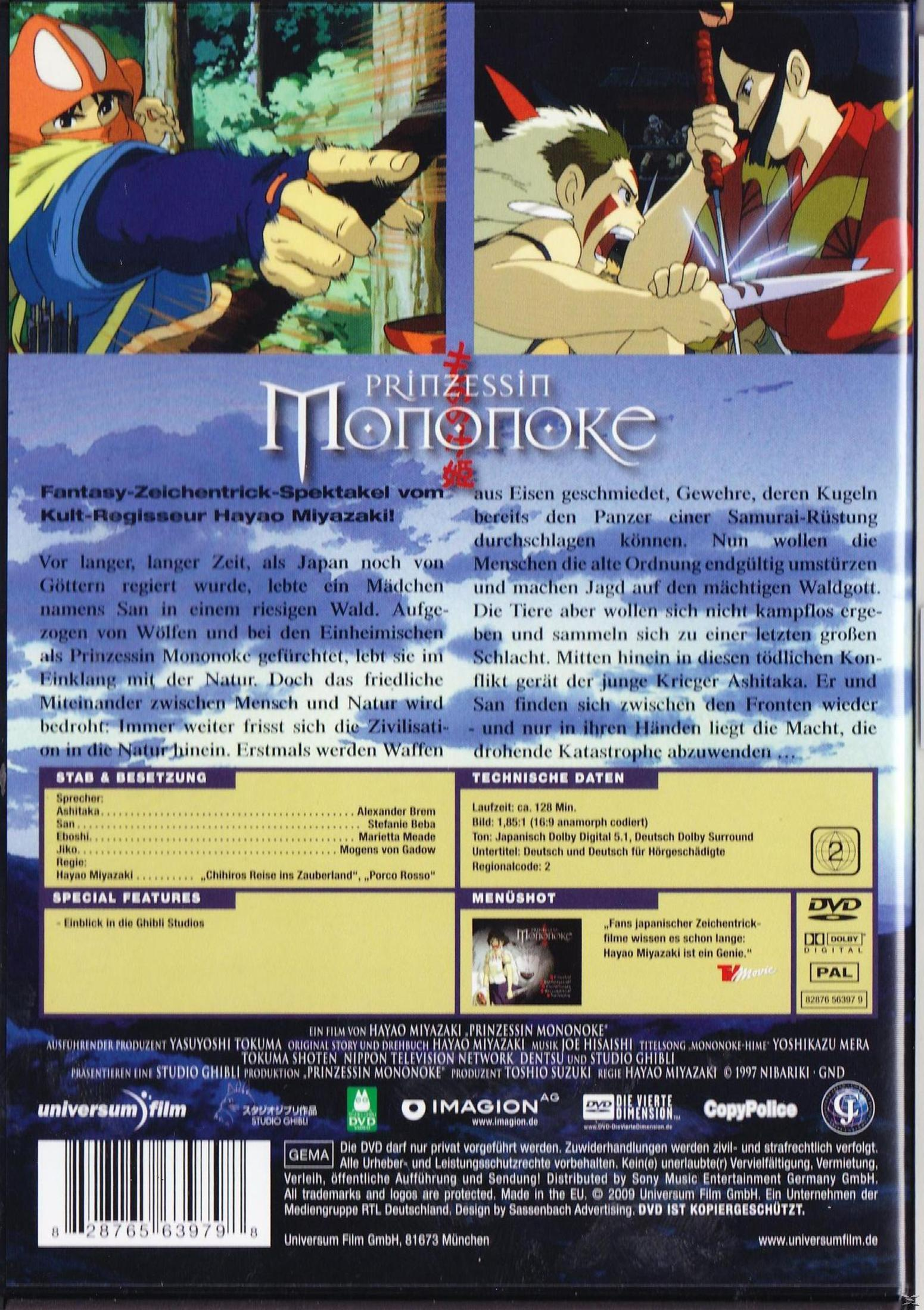 Rückseite einer DVD Hülle des Animes Prinzessin Mononoke mit Szenenbildern, Beschreibung und technischen Details.