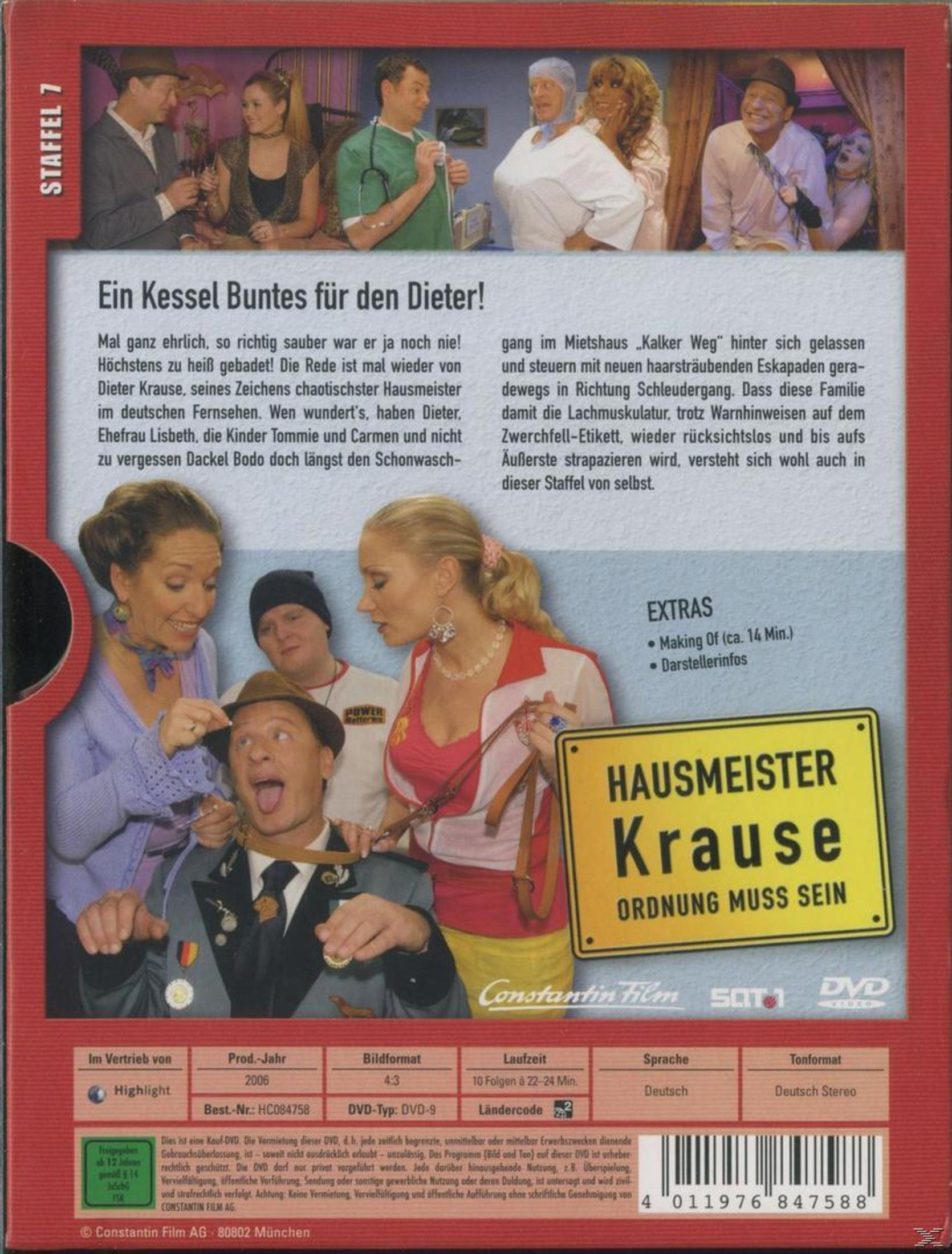 DVD-Hülle von Hausmeister Krause mit Bildern der Charaktere, Text und gelbem Schild.