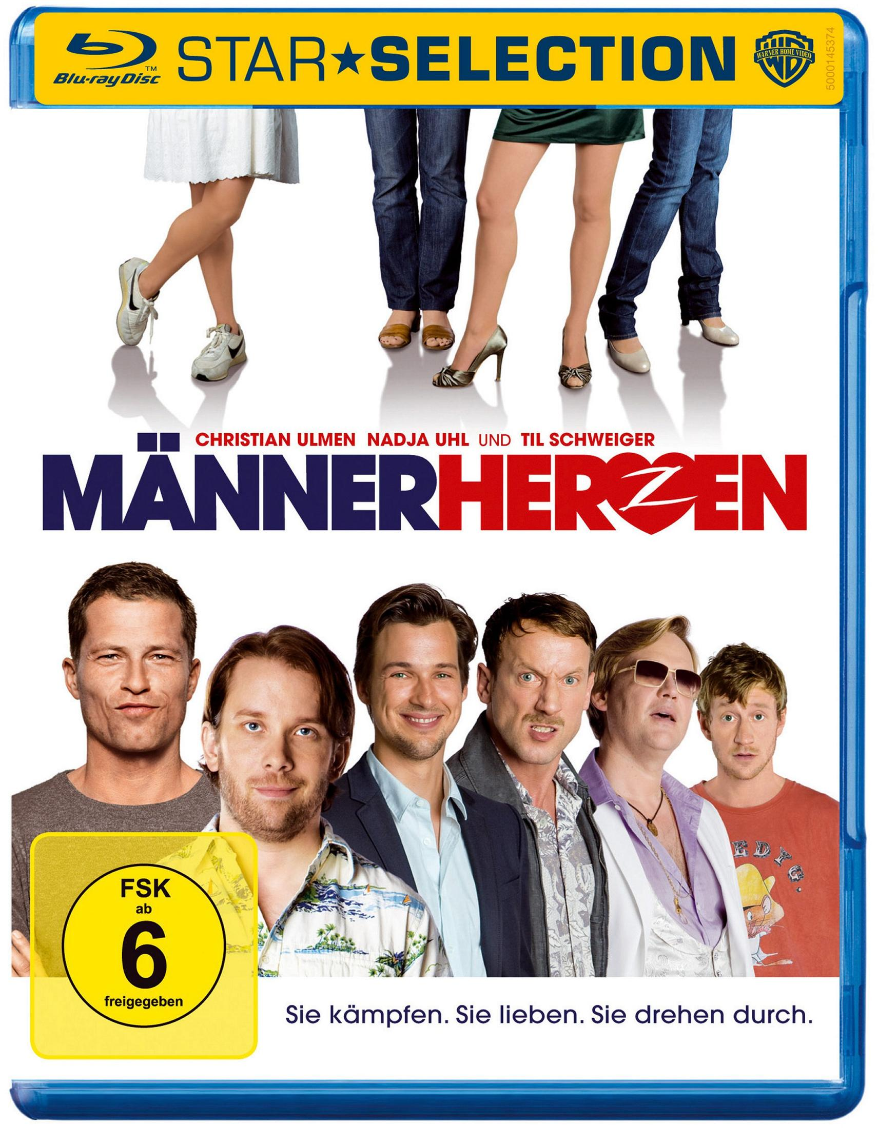 Filmcover von Männerherzen. Zeigt eine Gruppe von Männern und ein paar Beine. Der Titel ist fett, rot und weiß.