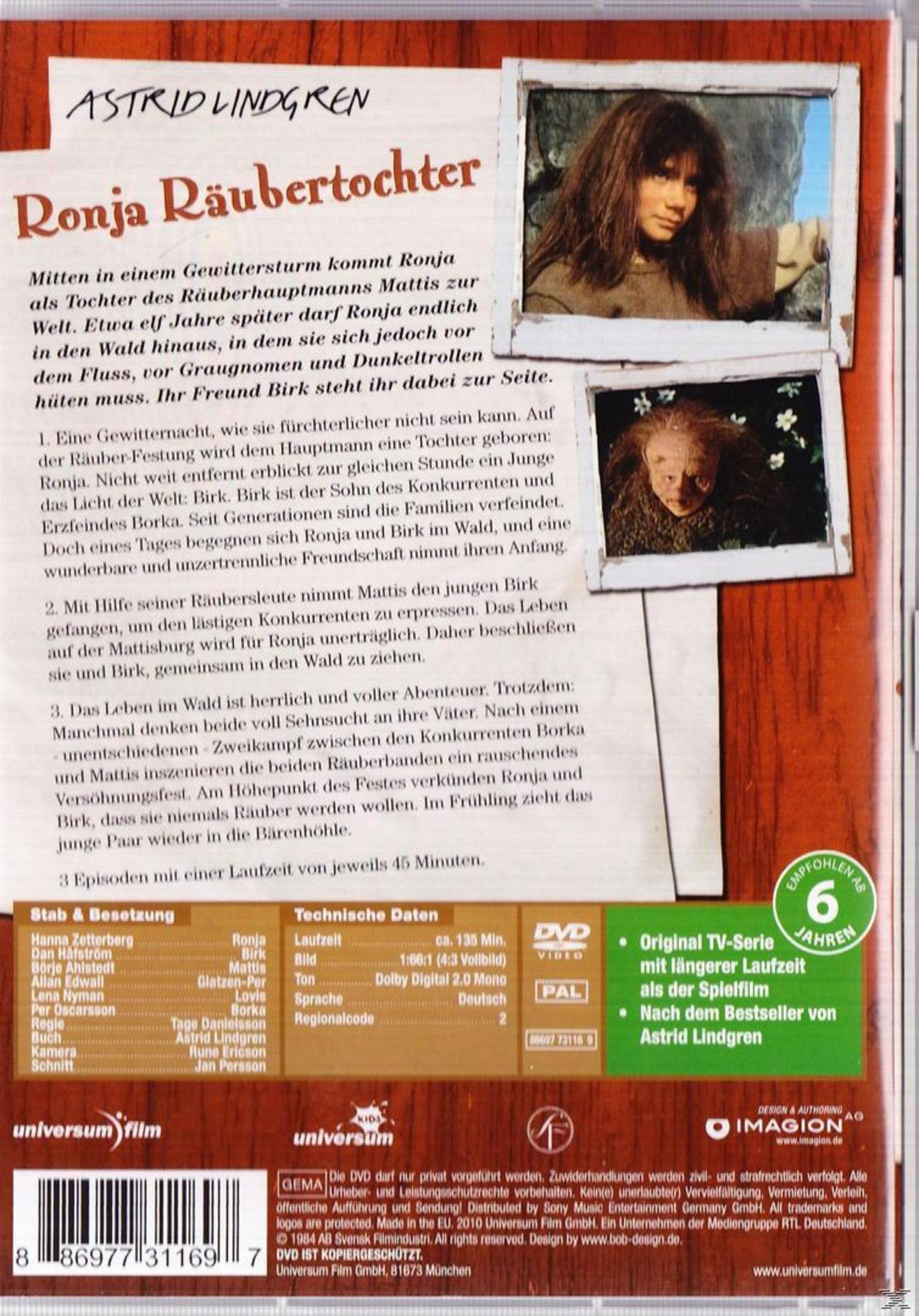DVD-Rückseite von Ronja Räubertochter mit Text, Bildern und technischen Daten.