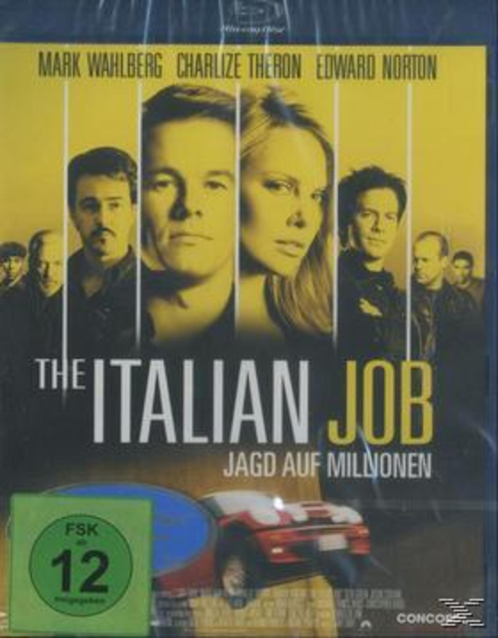 DVD-Cover von The Italian Job. Gesichter der Schauspieler oben. Rotes Auto unten.