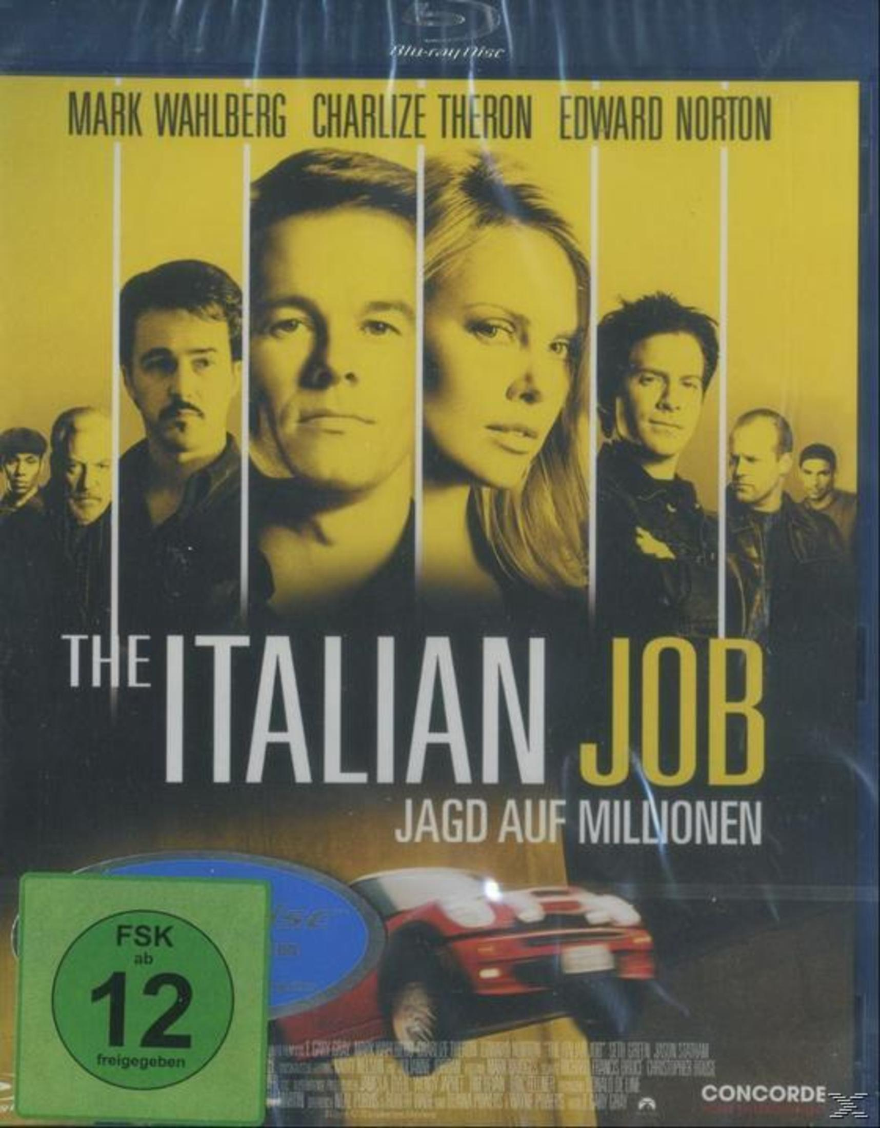 Blu-ray-Disc-Cover mit Mark Wahlberg, Charlize Theron und Edward Norton. Der Titel lautet "The Italian Job".