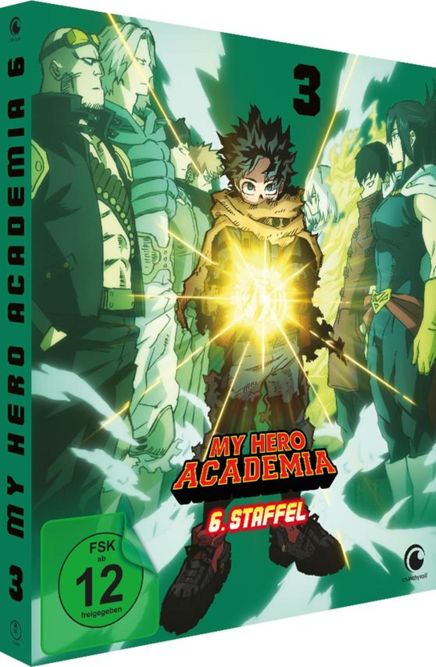 My Hero Academia DVD-Cover. Anime-Charaktere sind auf dem Cover. Grüner Hintergrund.