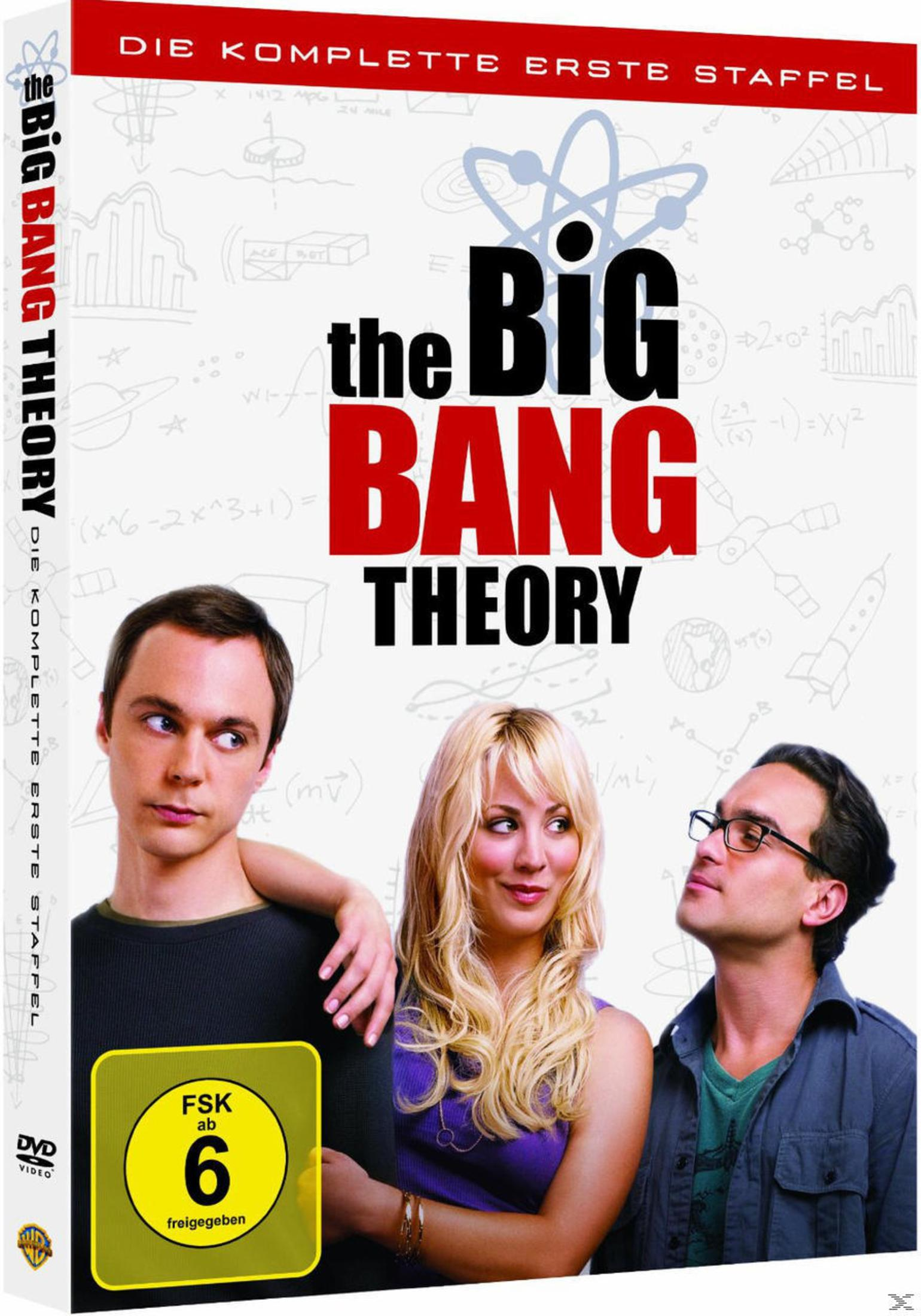 DVD-Cover für The Big Bang Theory, mit drei Schauspielern. Titel in fetten roten und schwarzen Buchstaben.