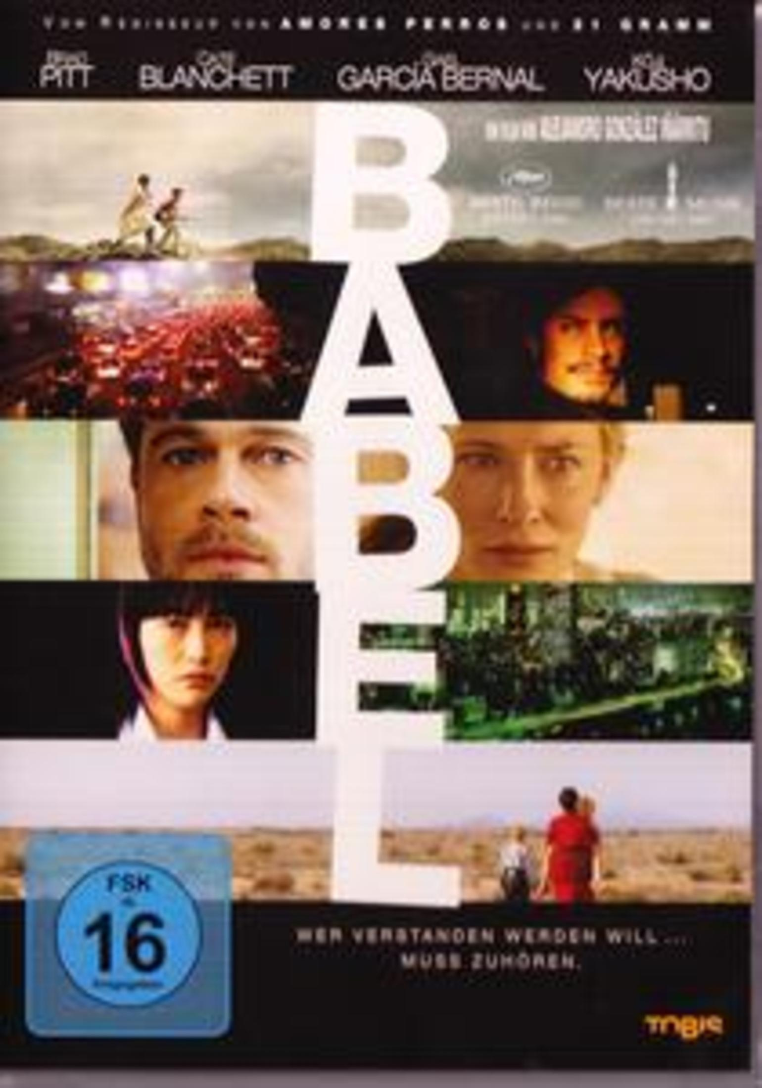 DVD-Cover mit dem Filmtitel 'Babel', Gesichtern von Schauspielern und einer Wüstenszene.