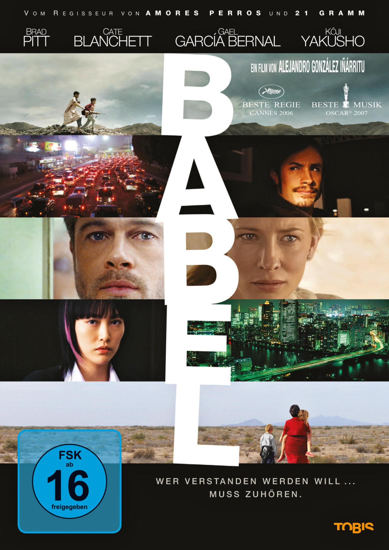 DVD-Cover für 'Babel' mit Brad Pitt und Cate Blanchett, die verschiedene Szenen zeigen.