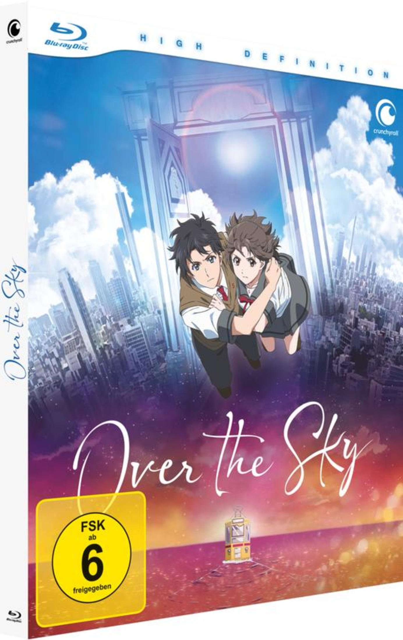 Blu-ray-Cover von 'Over the Sky' mit zwei Anime-Charakteren, die über einer Stadt fliegen.