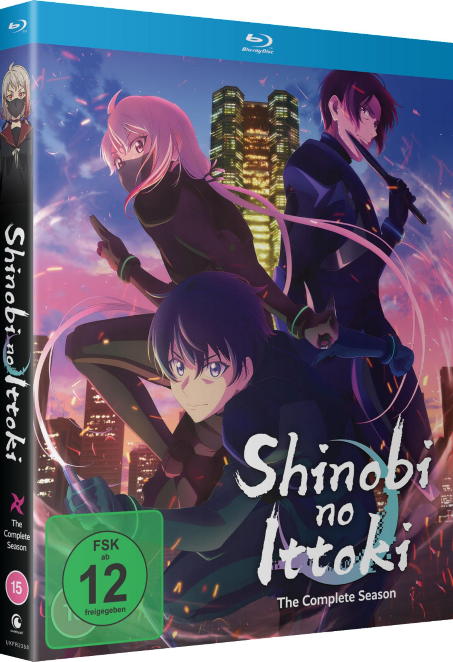 Blu-ray-Box-Art für "Shinobi no Ittoki". Zeigt Anime-Figuren in Aktion mit nächtlichem Stadtbild.