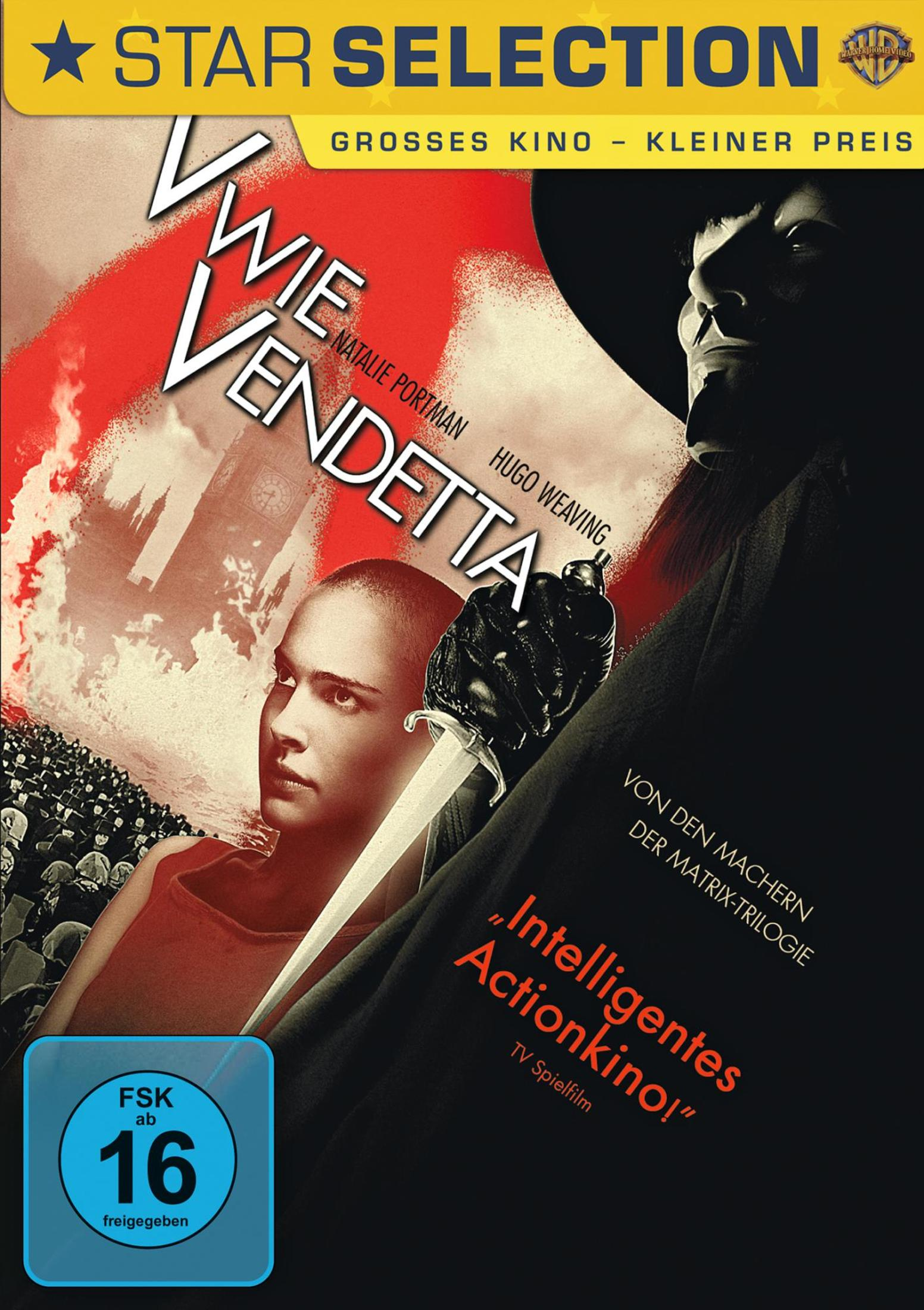 DVD-Cover von V wie Vendetta mit Maske, Natalie Portman, im Hintergrund Feuer und eine Menschenmenge.