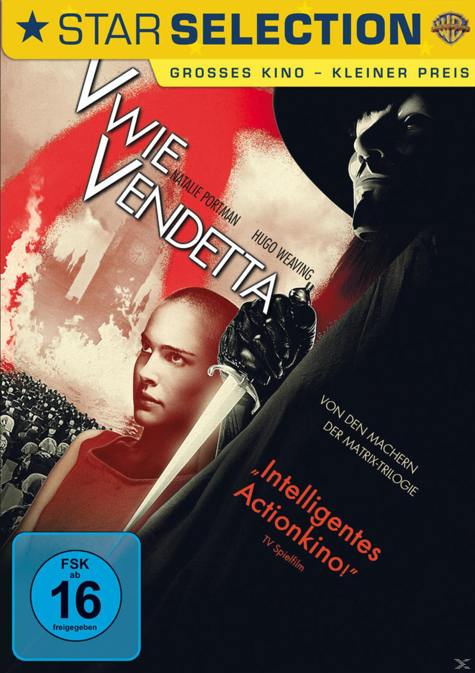 DVD-Cover von V wie Vendetta mit vermisstem Mann, Frau mit rasiertem Kopf, Flammen und FSK-16-Logo.