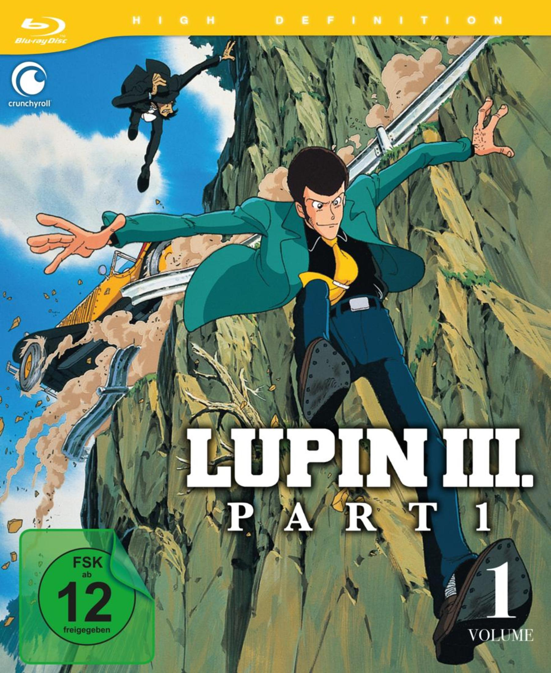 Lupin the Third Anime-Cover. Ein Mann springt mit Schwert und Auto.