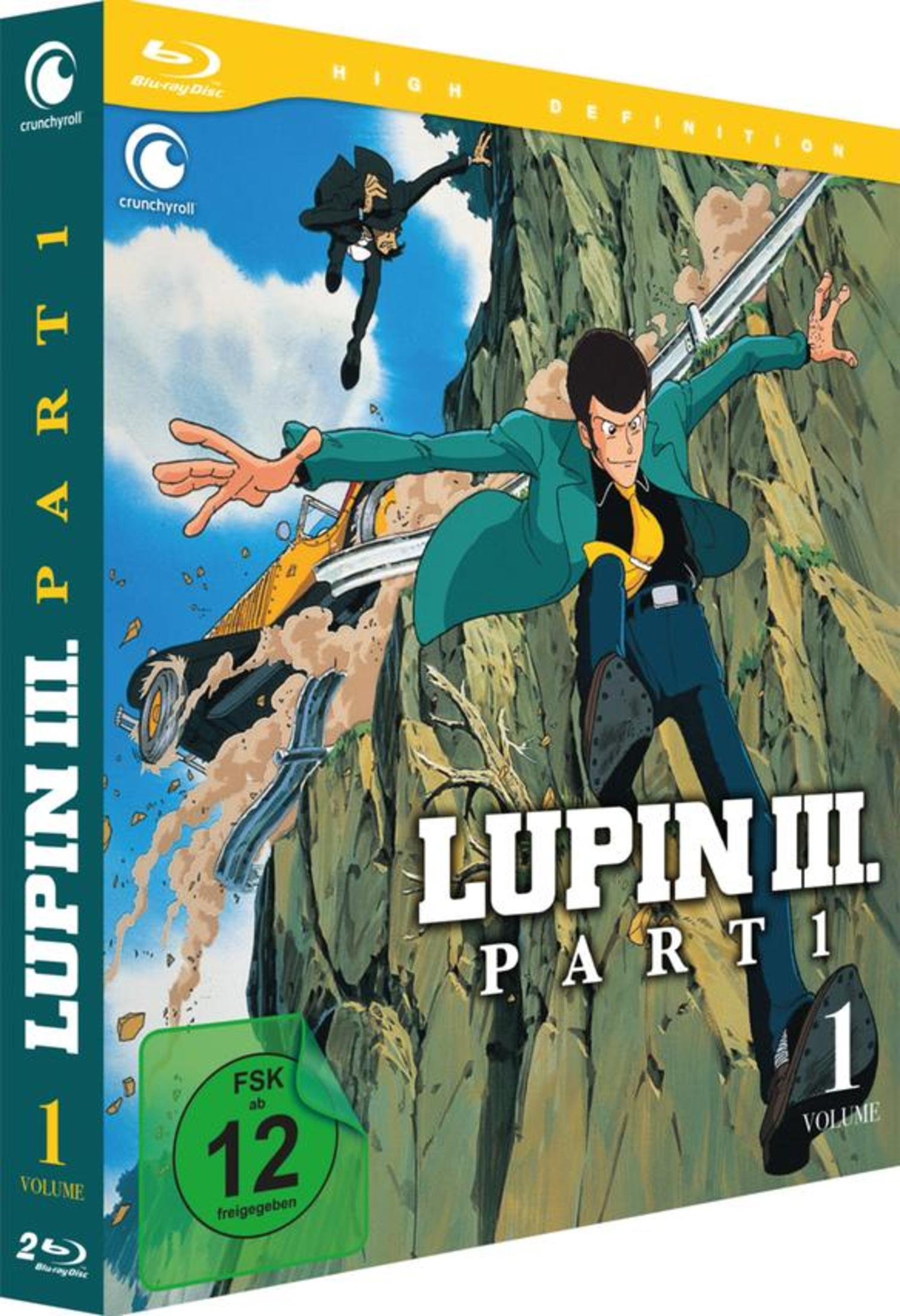 Blu-ray-Cover: 'Lupin III: Part 1'. Cartoonfigur, Action-Pose. Berglandschaft. Blaue Hülle.