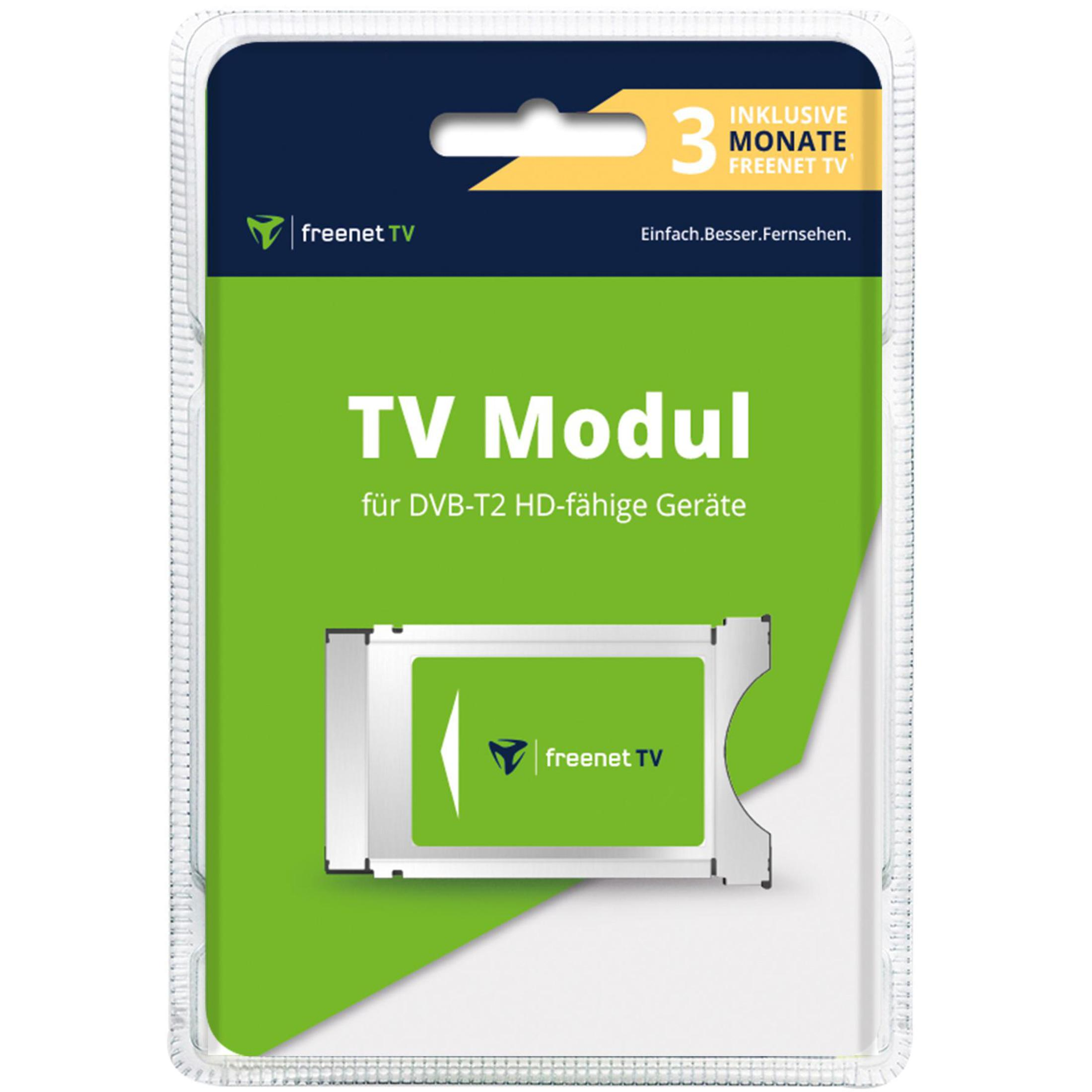 TV-Modul in einer Verpackung. Grün und Weiß dominieren. Text lautet 'TV Modul' und 'freenet TV'.