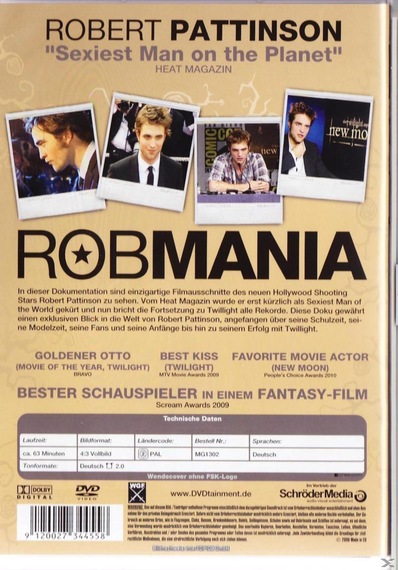 Rückseite einer DVD-Hülle. Mehrere Fotos von Robert Pattinson. Text über den Film Robmania.