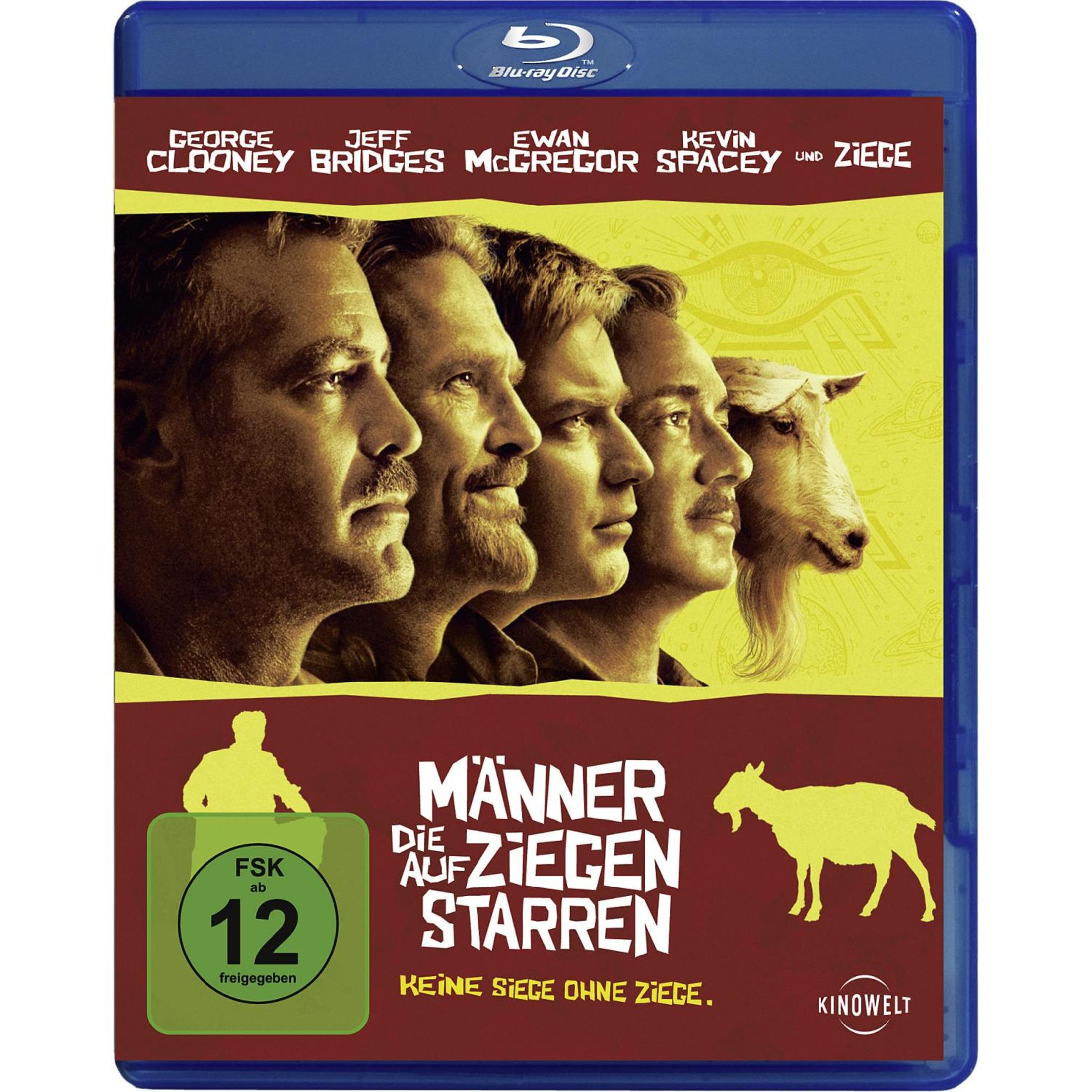 DVD-Box von "Männer, die auf Ziegen starren" mit Gesichtern von Schauspielern und einer Ziege auf gelbem Grund.