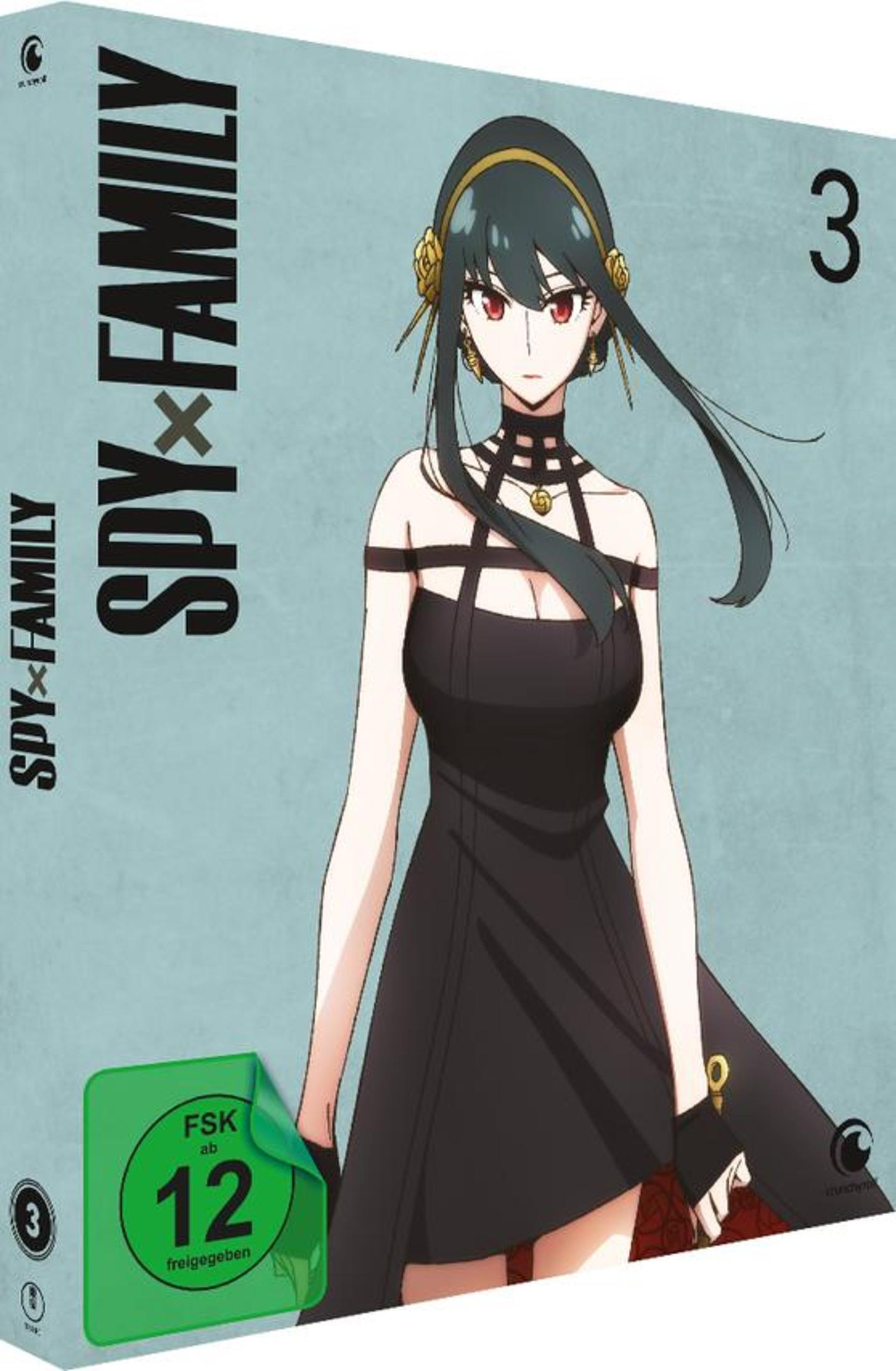 DVD-Cover: Anime-Frau in schwarzem Kleid. Titel: SPY X FAMILY 3. FSK 12 Aufkleber.