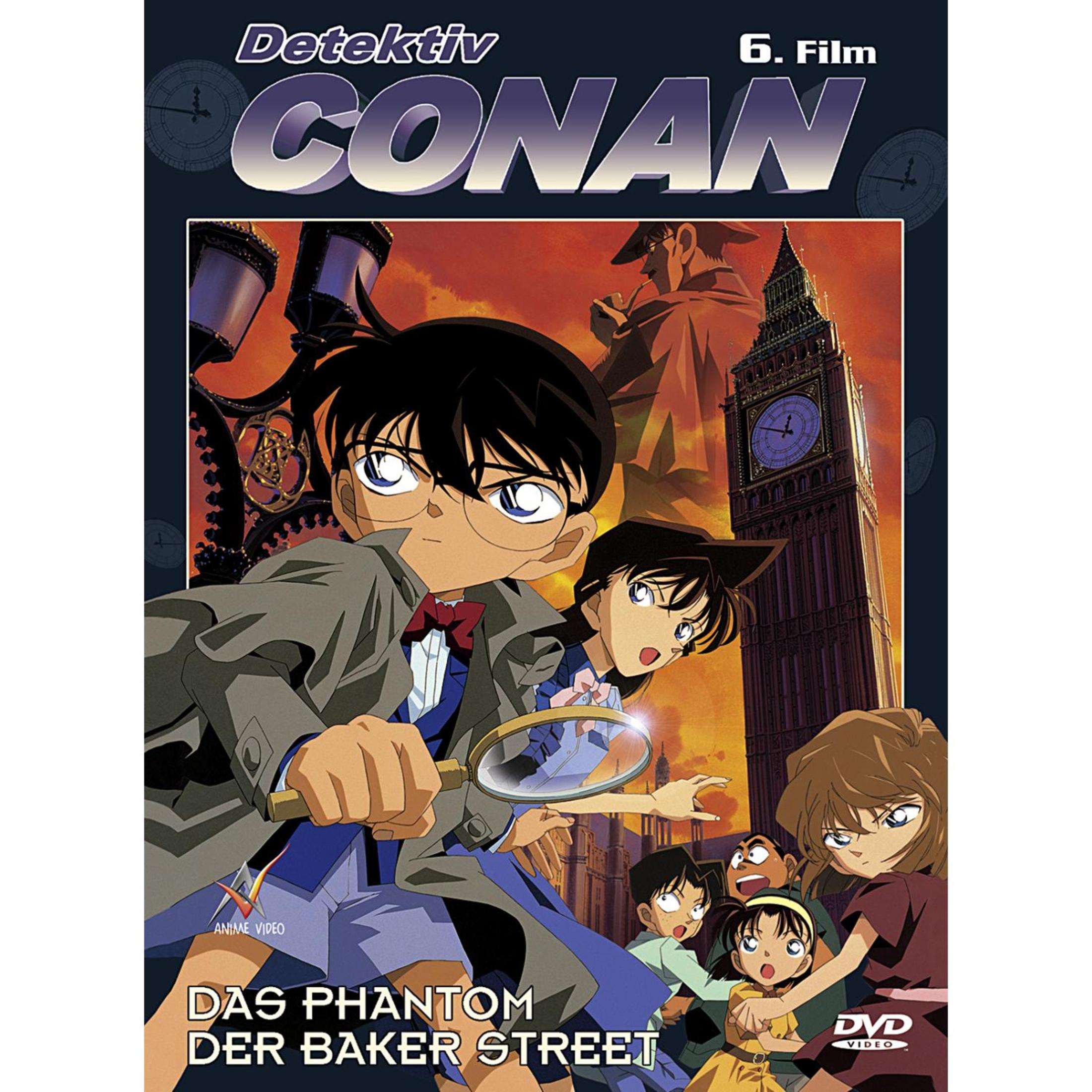 Une couverture de DVD de Détective Conan. L'image est un dessin animé représentant des personnages et un bâtiment.