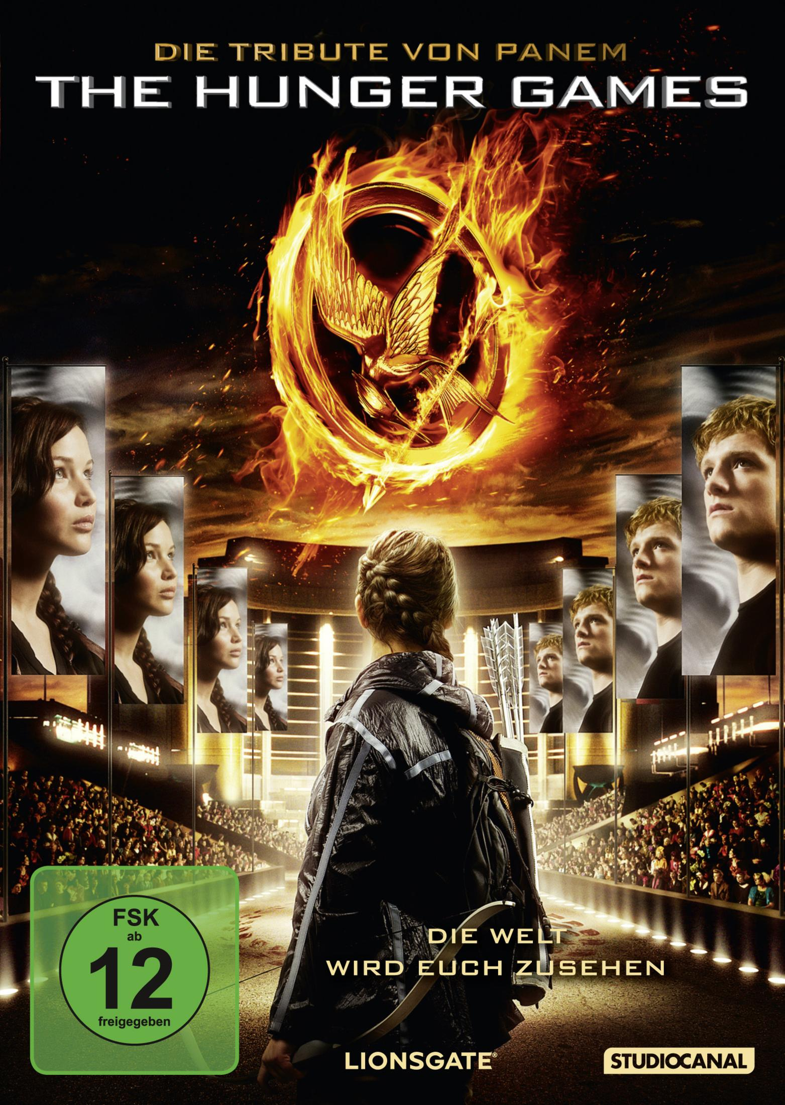 Das Hunger Games-DVD-Cover mit Katniss Everdeen und anderen Charakteren. Feuriger Hintergrund und ein Logo.