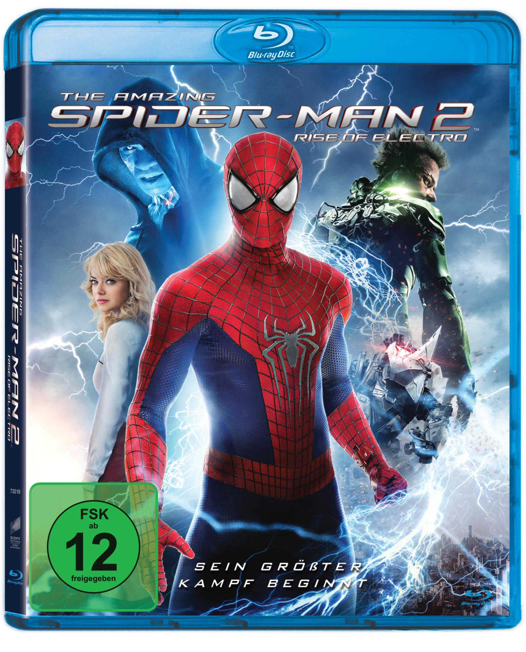 Blu-ray-Cover von The Amazing Spider-Man 2. Spider-Man, Electro und Emma Stone sind abgebildet. Deutscher Rating-Aufkleber ist vorhanden.