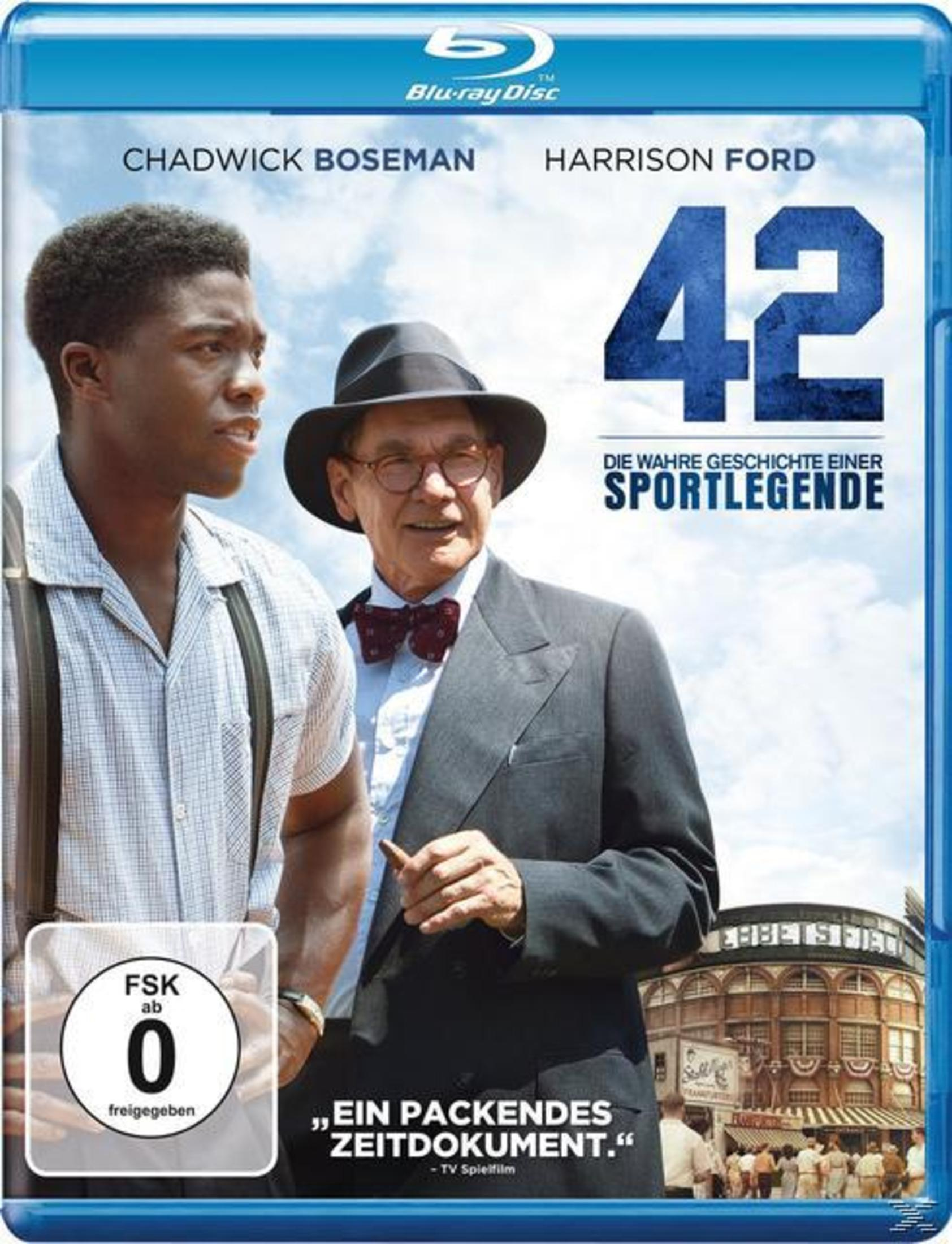 Blu-ray-Cover: Zwei Männer schauen sich an. Titel: 42, die wahre Geschichte einer Sportlegende.