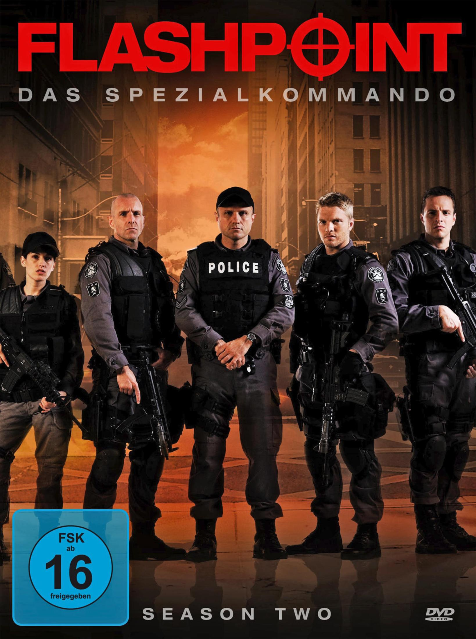 Flashpoint Staffel Zwei DVD-Cover. Zeigt eine Gruppe von Polizisten in taktischer Ausrüstung. Der Titel ist sichtbar.