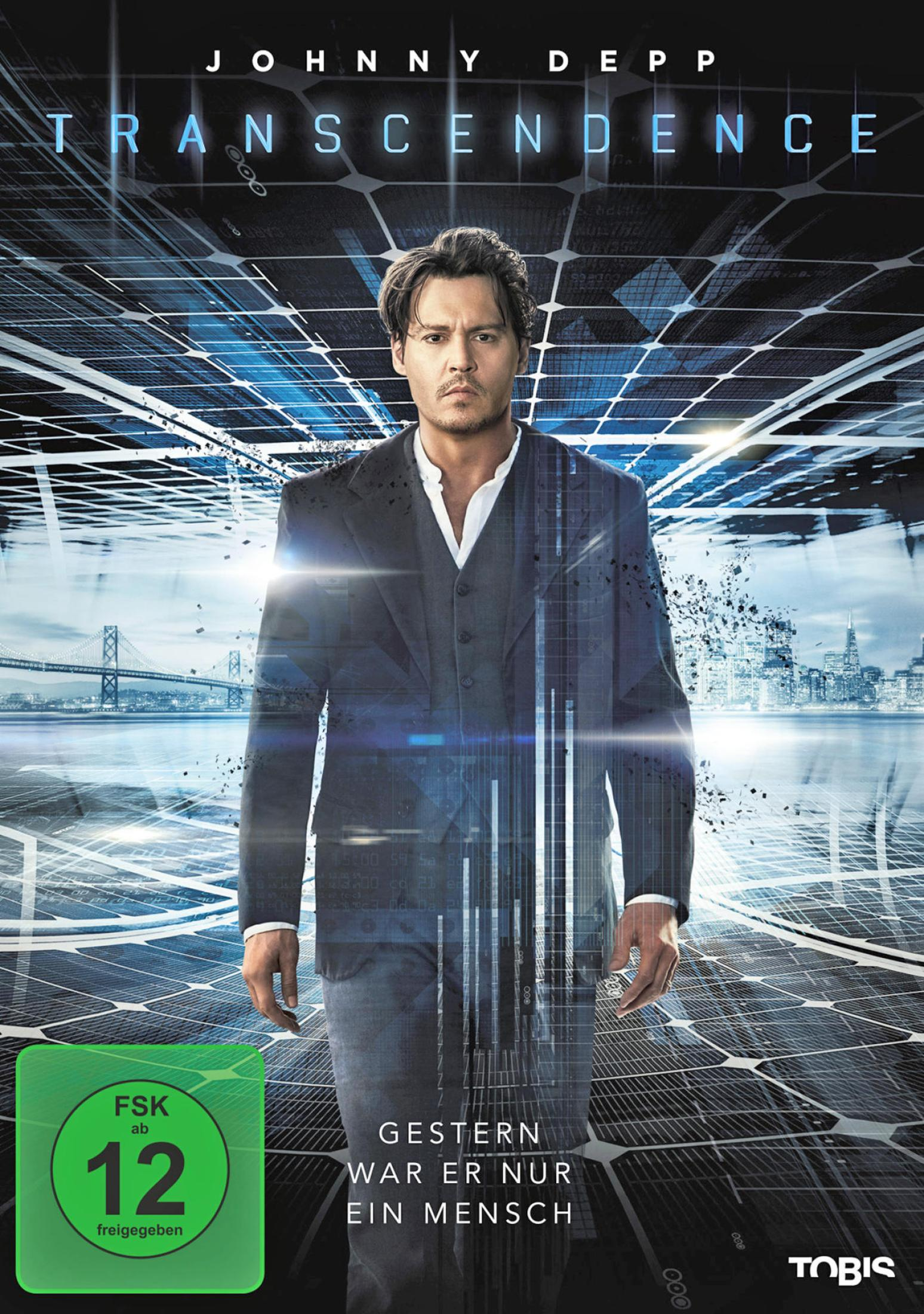Ein DVD-Cover mit Johnny Depp. Der Filmtitel lautet 'Transcendence', und der Slogan lautet: 'Gestern war er nur ein Mensch'.