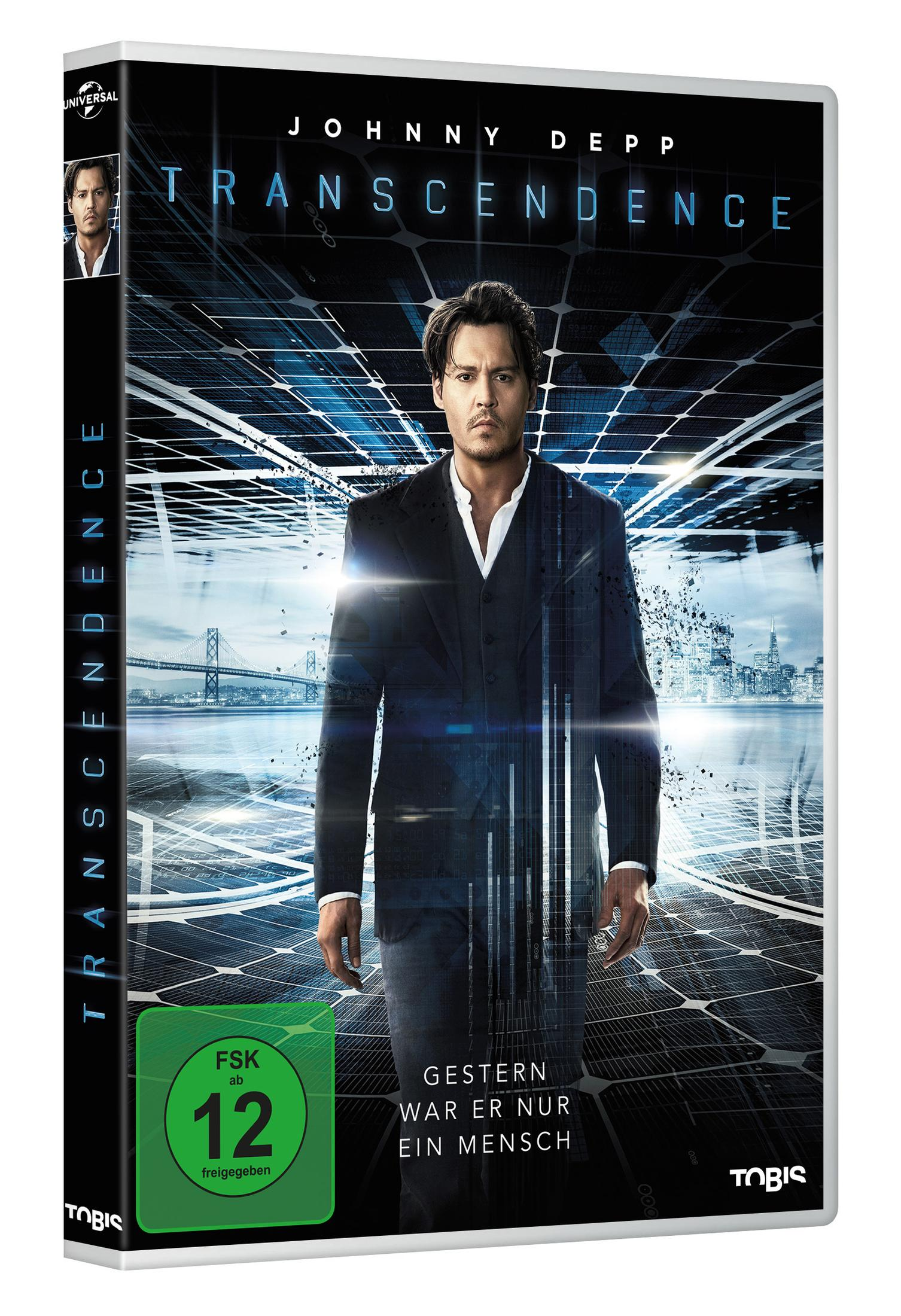 Transcendence DVD-Hülle. Johnny Depp auf dem Cover. Futuristischer Hintergrund mit Linien.