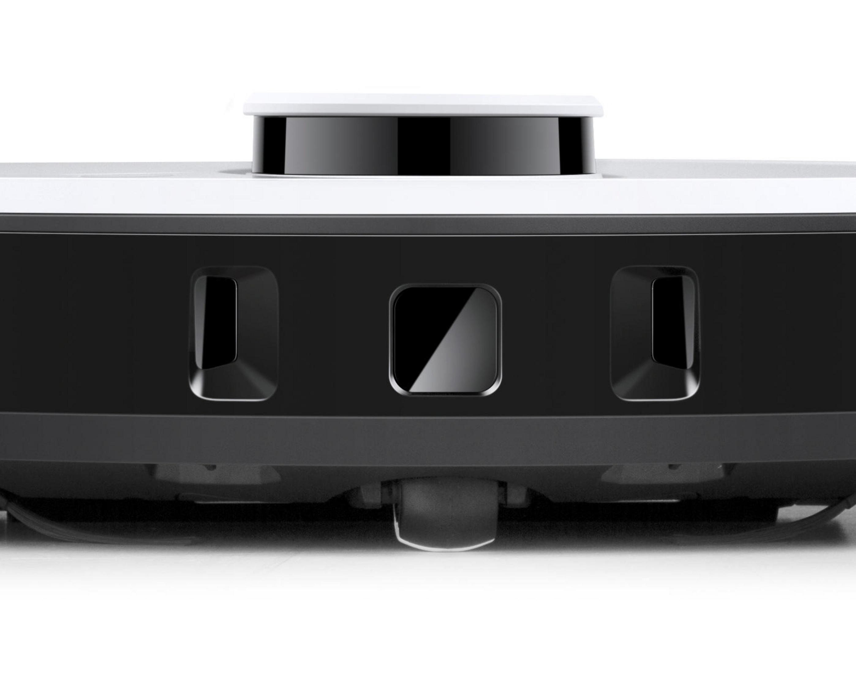 Zbliżenie czarno-białego robota odkurzającego z trzema ciemnymi kwadratowymi czujnikami.