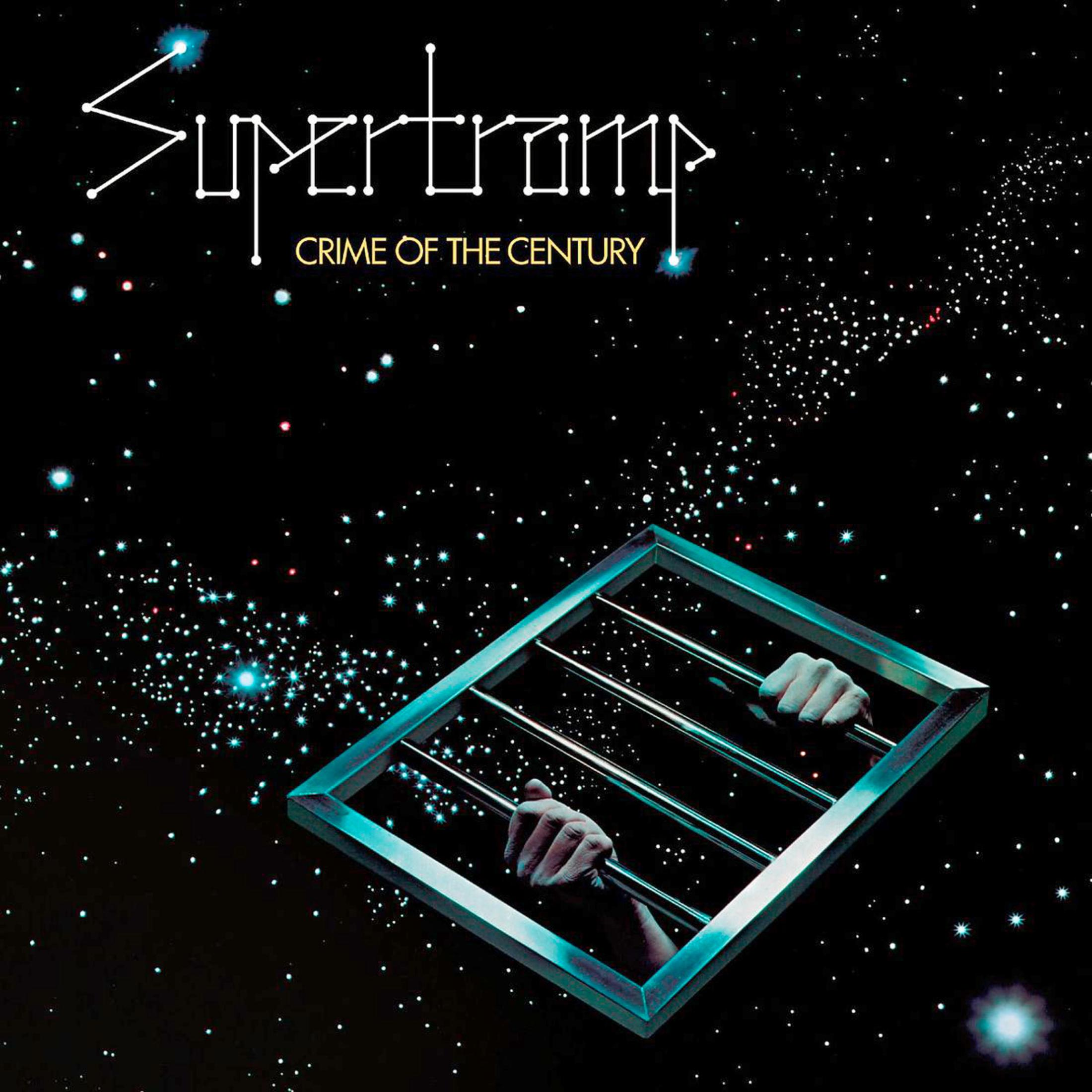 Pochette d'album avec scène spatiale. Mains tenant des barreaux, titre 'Crime of the Century' et nom du groupe 'Supertramp'.