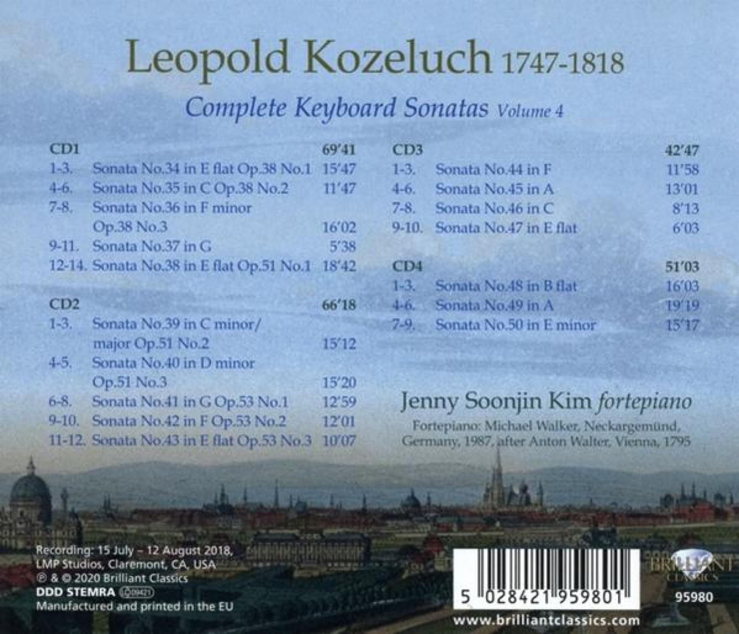 CD-hoes van Leopold Kozeluch's Complete Keyboard Sonatas. Bevat tracklijsten en artiest credits.