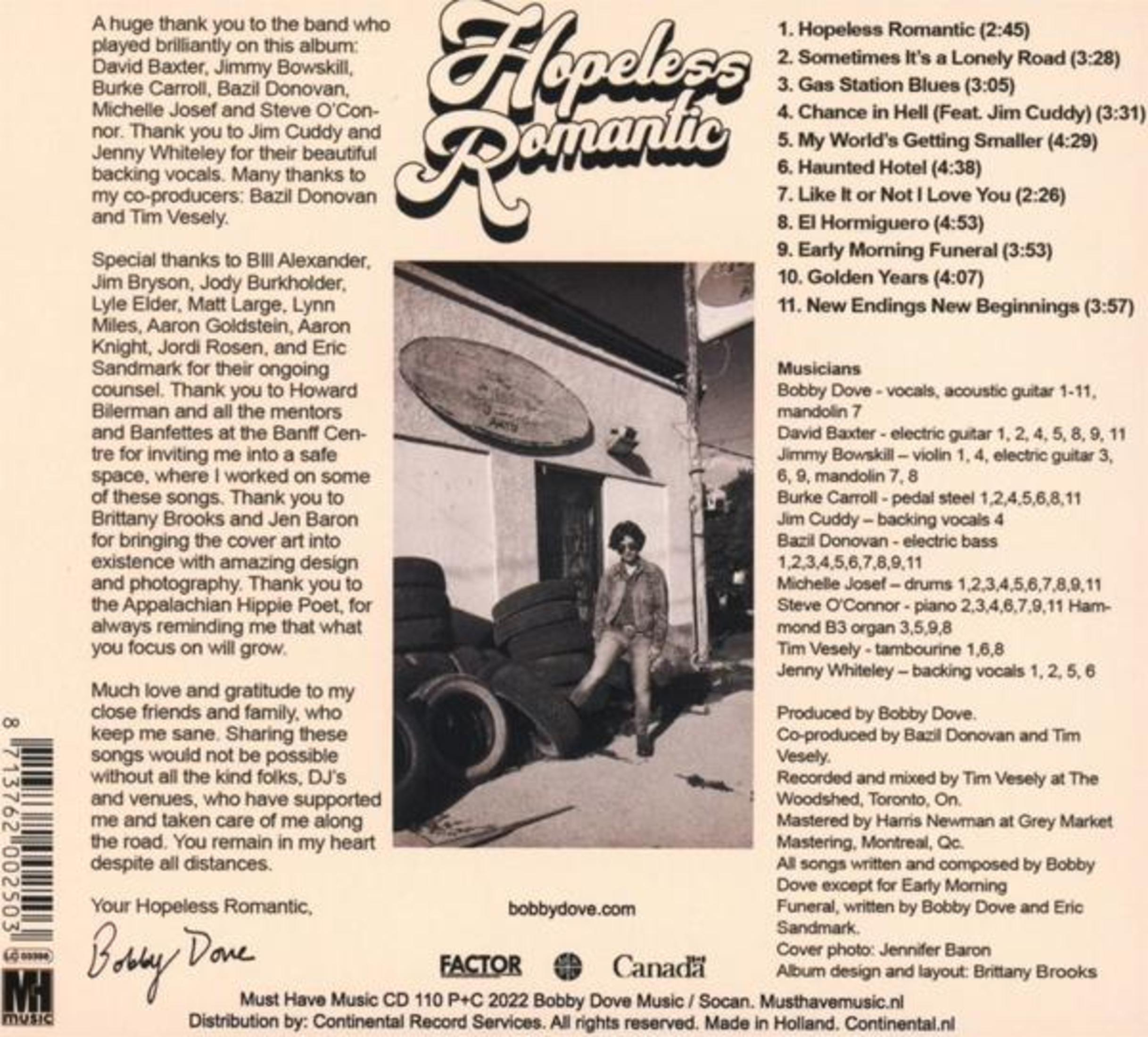Albumhoes met een lijst van nummers en credits voor de band Hopeless Romantic.