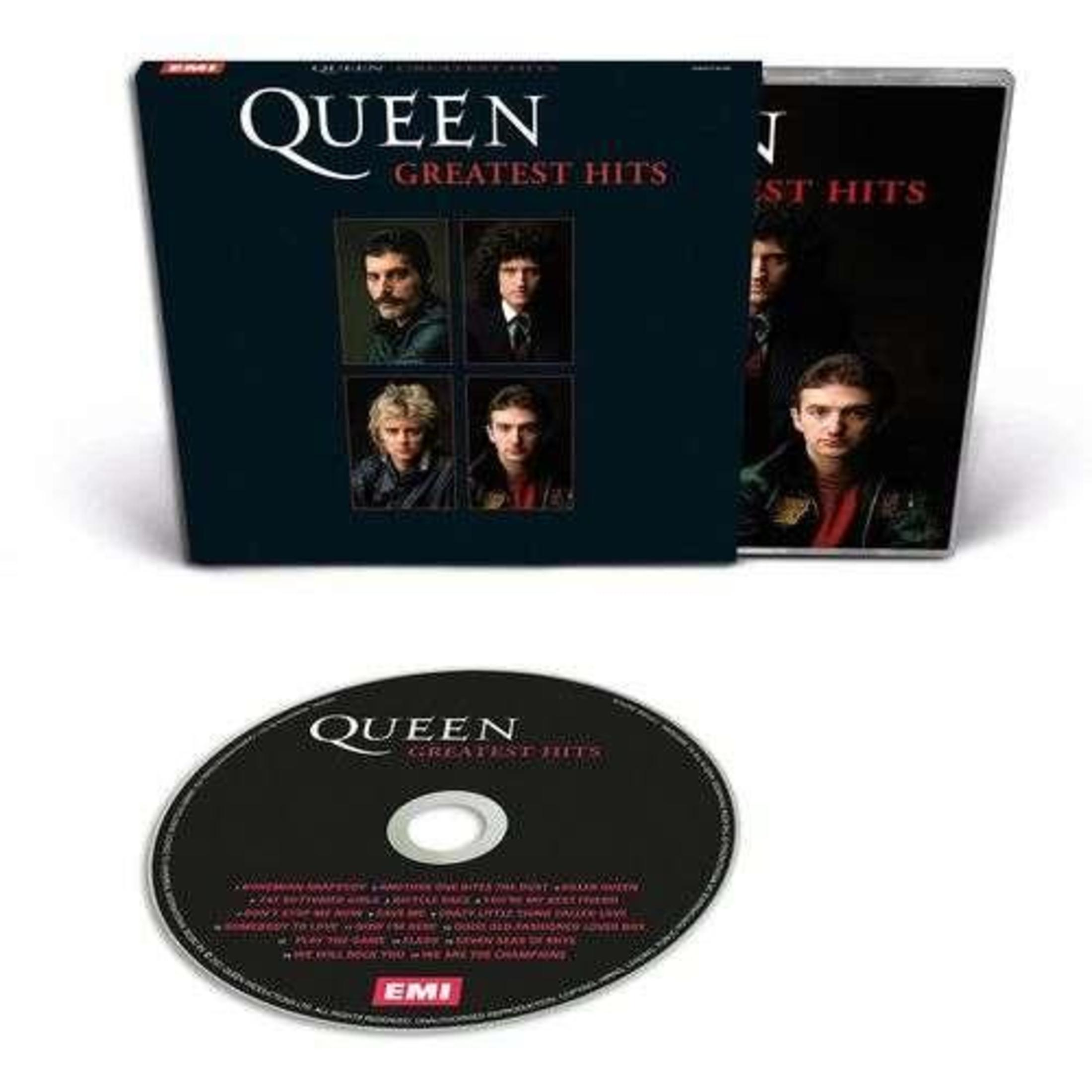 Album Queen Greatest Hits, płyta CD i okładka. Na okładce portrety członków zespołu. Płyta CD widoczna poniżej.