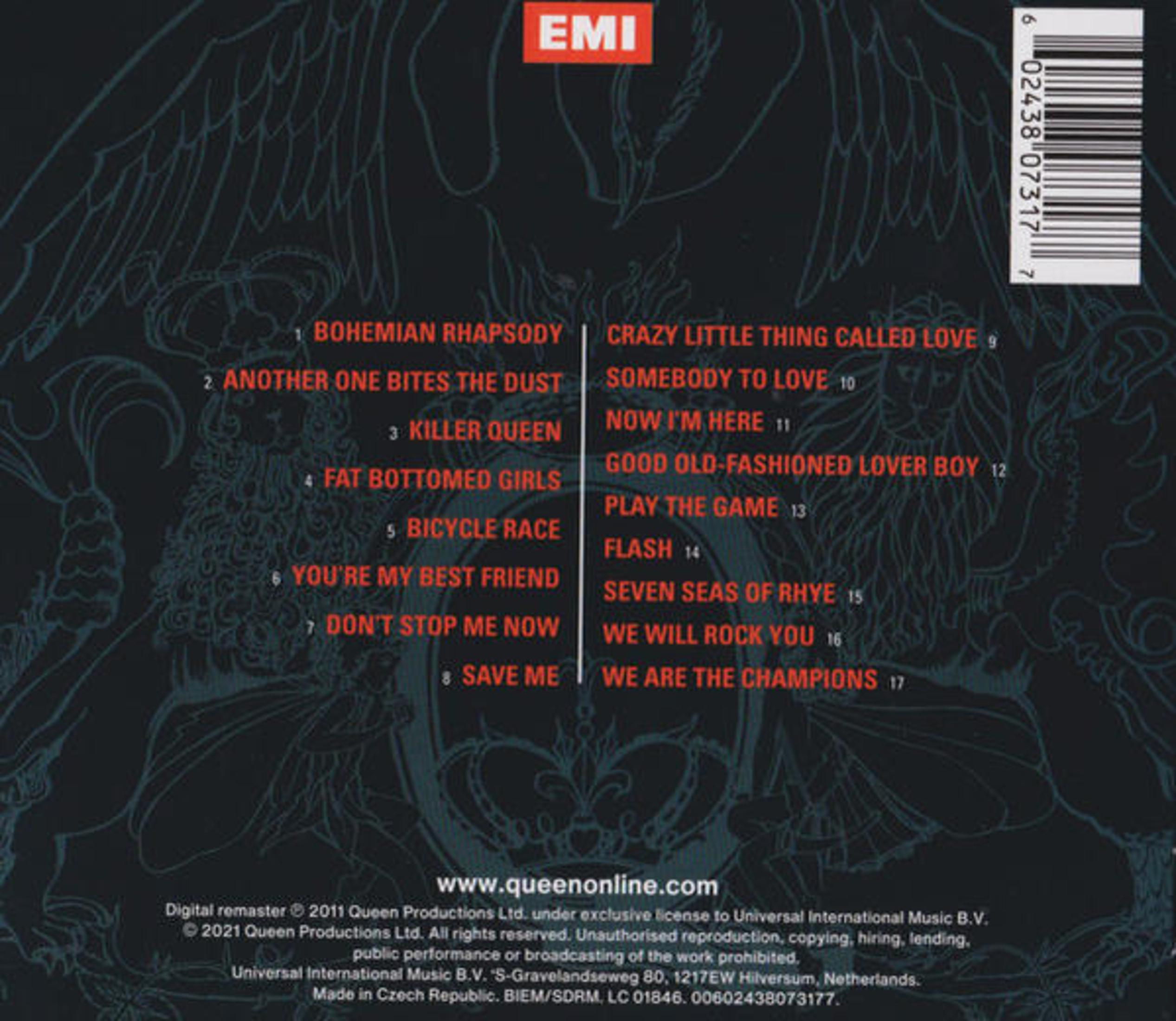 Tył opakowania płyty CD Greatest Hits zespołu Queen. Wymieniono listę utworów, dane i informacje o prawach autorskich.