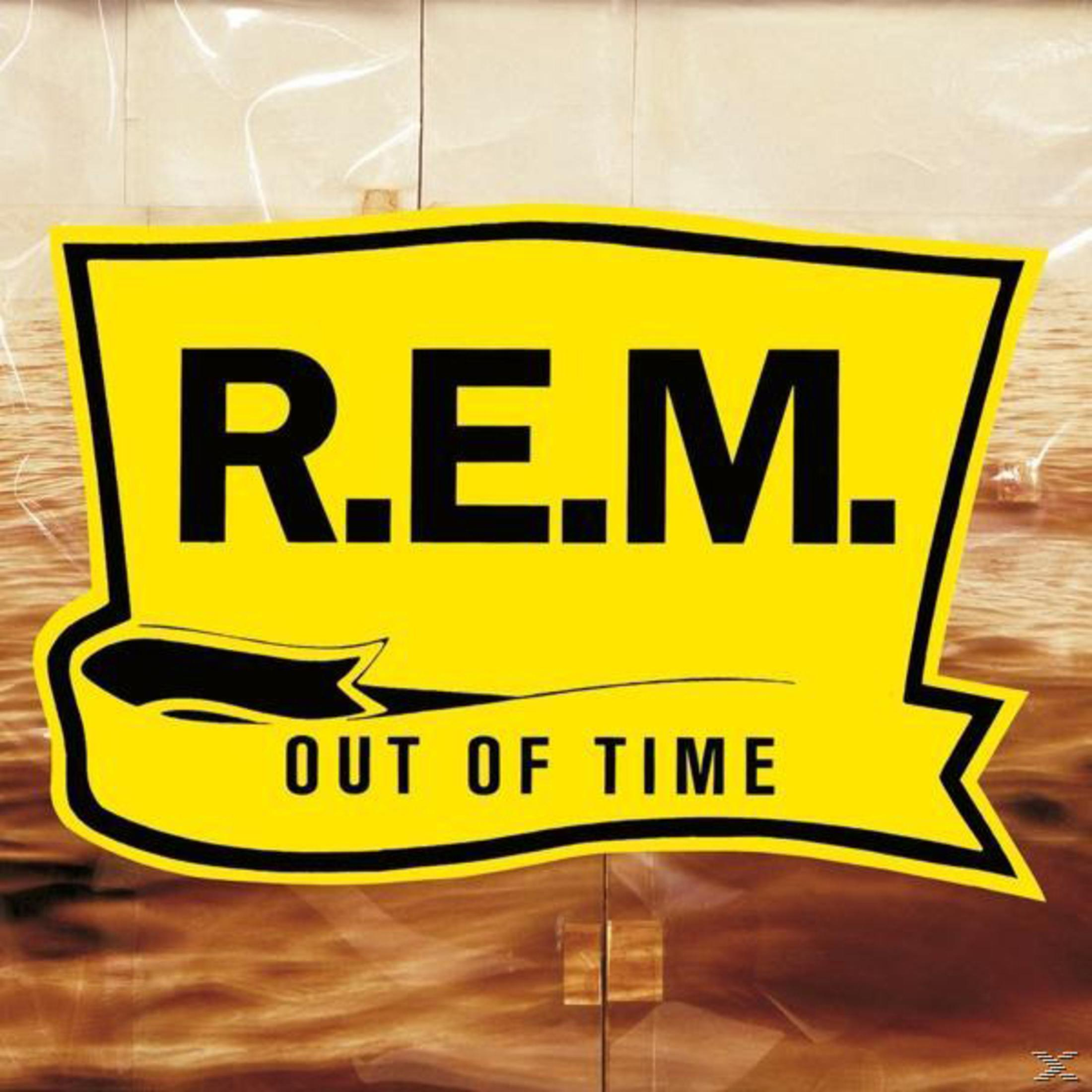 Pochette de l'album de R.E.M. 'Out of Time', bannière jaune avec texte noir, sur fond ondulé.