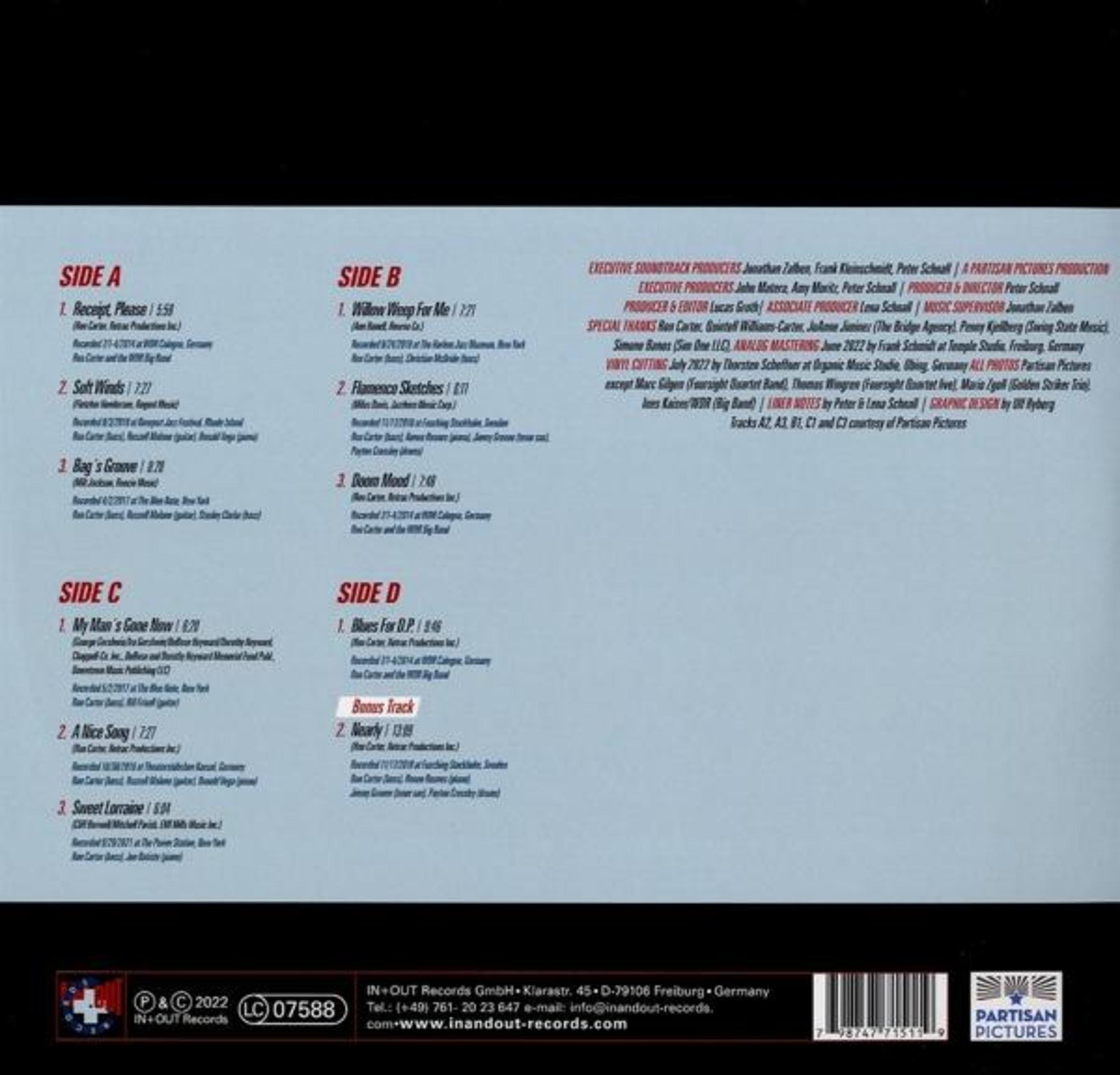 Album cover with song titles and credits on a red background.