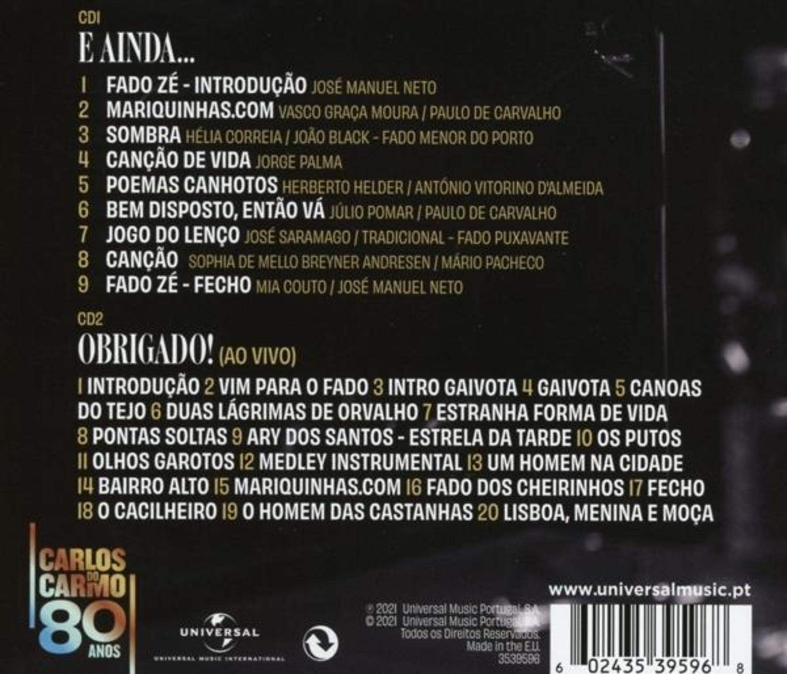 Albumhoes met een lijst van nummers en credits in het Portugees. De kleurenschema is rood, wit en zwart.