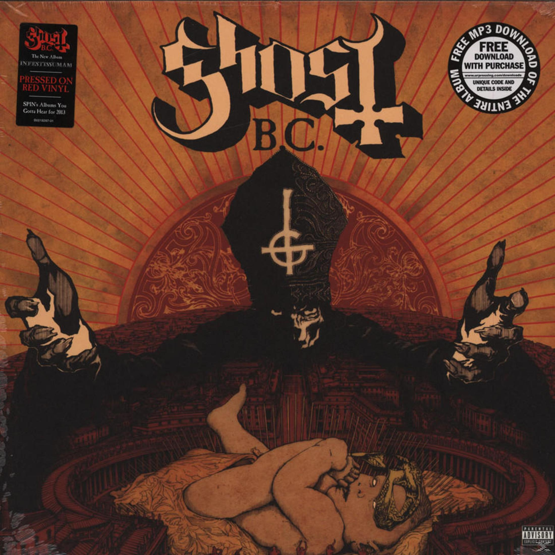 Albumhoes van Ghost B.C. Zwart-wit afbeelding van een persoon met een kruis op hun hoofd.
