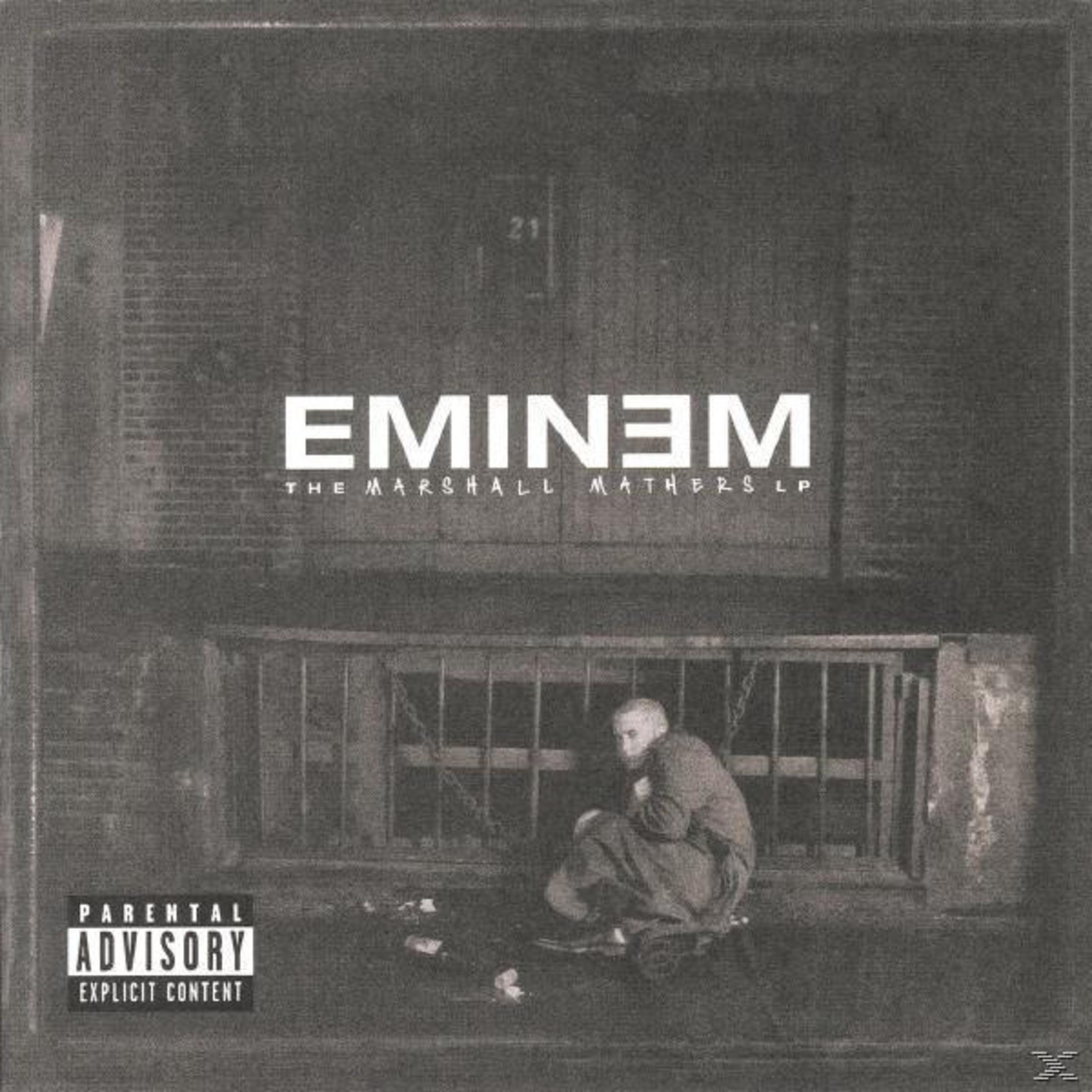 Albumhoes: Eminem. Een zwart-wit foto van Eminem die knielt in een donkere steeg.