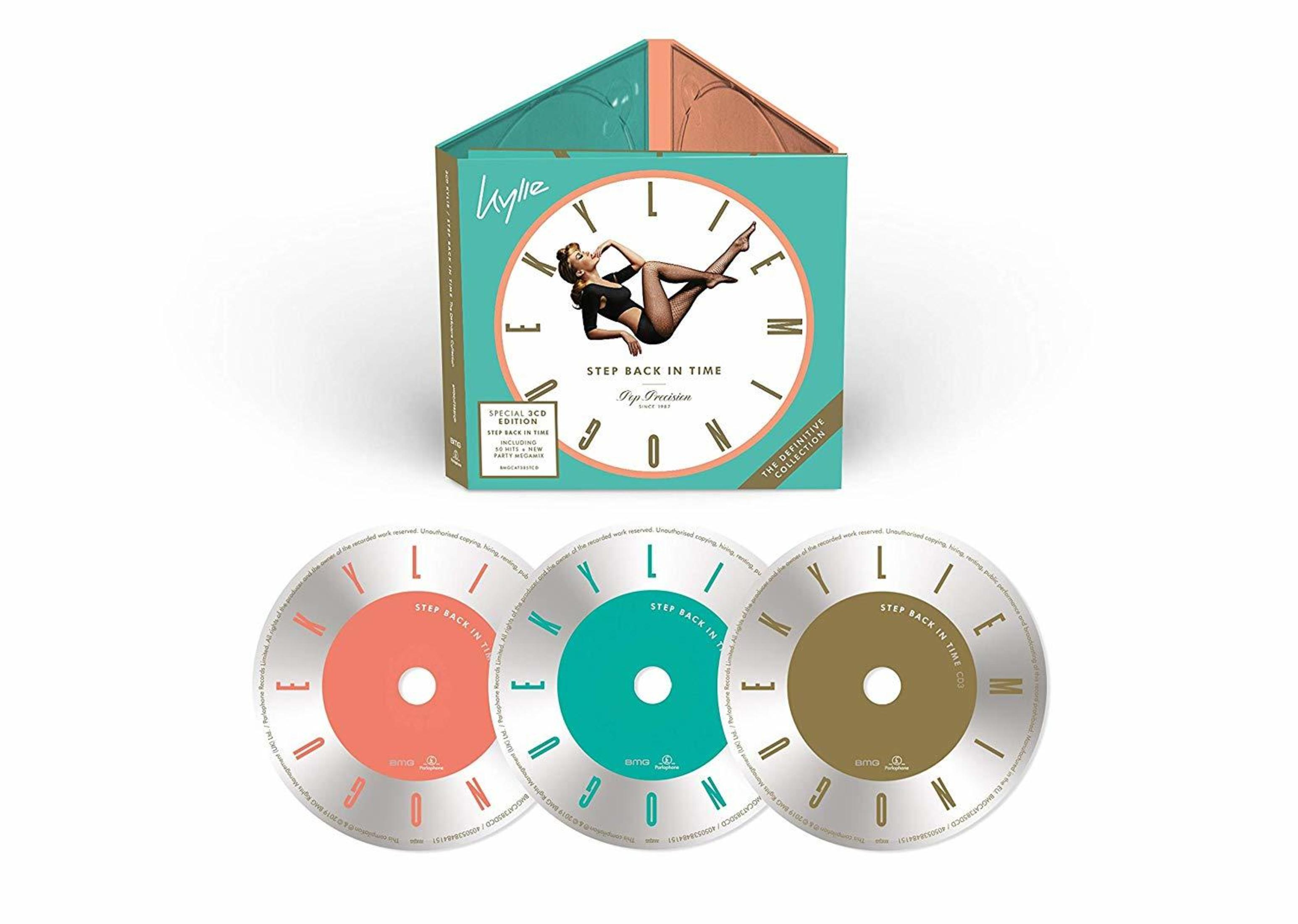 Set CD Kylie Minogue con design a orologio. Tre CD davanti.
